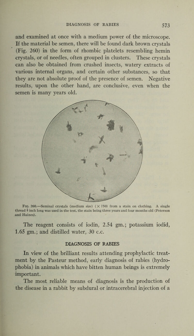 and examined at once with a medium power of the microscope. If the material be semen, there will be found dark brown crystals (Fig. 260) in the form of rhombic platelets resembling hemin crystals, or of needles, often grouped in clusters. These crystals can also be obtained from crushed insects, watery extracts of various internal organs, and certain other substances, so that they are not absolute proof of the presence of semen. Negative results, upon the other hand, are conclusive, even when the semen is many years old. Fig. 260.—Seminal crystals (medium size) ( X 750) from a stain on clothing. A single thread & inch long was used in the test, the stain being three years and four months old (Peterson and Haines). The reagent consists of iodin, 2.54 gm.; potassium iodid, 1.65 gm.; and distilled water, 30 c.c. DIAGNOSIS OF RABIES In view of the brilliant results attending prophylactic treat- ment by the Pasteur method, early diagnosis of rabies (hydro- phobia) in animals which have bitten human beings is extremely important. The most reliable means of diagnosis is the production of the disease in a rabbit by subdural or intracerebral injection of a