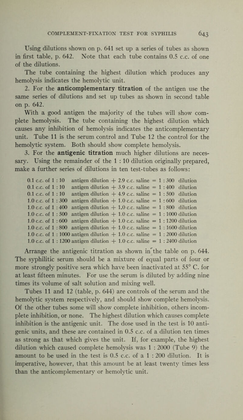 Using dilutions shown on p. 641 set up a series of tubes as shown in first table, p. 642. Note that each tube contains 0.5 c.c. of one of the dilutions. The tube containing the highest dilution which produces any hemolysis indicates the hemolytic unit. 2. For the anticomplementary titration of the antigen use the same series of dilutions and set up tubes as shown in second table on p. 642. With a good antigen the majority of the tubes will show com- plete hemolysis. The tube containing the highest dilution which causes any inhibition of hemolysis indicates the anticomplementary unit. Tube 11 is the serum control and Tube 12 the control for the hemolytic system. Both should show complete hemolysis. 3. For the antigenic titration much higher dilutions are neces- sary. Using the remainder of the 1 : 10 dilution originally prepared, make a further series of dilutions in ten test-tubes as follows: 0.1 c.c. of 1 : 10 antigen dilution + 2.9 c.c. saline = 1 : 300 dilution 0.1 c.c. of 1 : 10 antigen dilution + 3.9 c.c. saline = 1 :400 dilution 0.1 c.c. of 1 : 10 antigen dilution + 4.9 c.c. saline = 1 : 500 dilution 1.0 c.c. of 1 : 300 antigen dilution + 1.0 c.c. saline = 1 : 600 dilution 1.0 c.c. of 1 : 400 antigen dilution + 1.0 c.c. saline = 1 : 800 dilution 1.0 c.c. of 1 : 500 antigen dilution + 10 c.c. saline = 1 : 1000 dilution 1.0 c.c. of 1 : 600 antigen dilution + 1.0 c.c. saline = 1 : 1200 dilution 1.0 c.c. of 1 : 800 antigen dilution + 1.0 c.c. saline = 1 : 1600 dilution 1.0 c.c. of 1 : 1000 antigen dilution + 1.0 c.c. saline = 1 : 2000 dilution 1.0 c.c. of 1 : 1200 antigen dilution + 1.0 c.c. saline = 1 : 2400 dilution Arrange the antigenic titration as shown in^the table on p. 644. The syphilitic serum should be a mixture of equal parts of four or more strongly positive sera which have been inactivated at 55° C. for at least fifteen minutes. For use the serum is diluted by adding nine times its volume of salt solution and mixing well. Tubes 11 and 12 (table, p. 644) are controls of the serum and the hemolytic system respectively, and should show complete hemolysis. Of the other tubes some will show complete inhibition, others incom- plete inhibition, or none. The highest dilution which causes complete inhibition is the antigenic unit. The dose used in the test is 10 anti- genic units, and these are contained in 0.5 c.c. of a dilution ten times as strong as that which gives the unit. If, for example, the highest dilution which caused complete hemolysis was 1 : 2000 (Tube 9) the amount to be used in the test is 0.5 c.c. of a 1 : 200 dilution. It is imperative, however, that this amount be at least twenty times less than the anticomplementary or hemolytic unit.