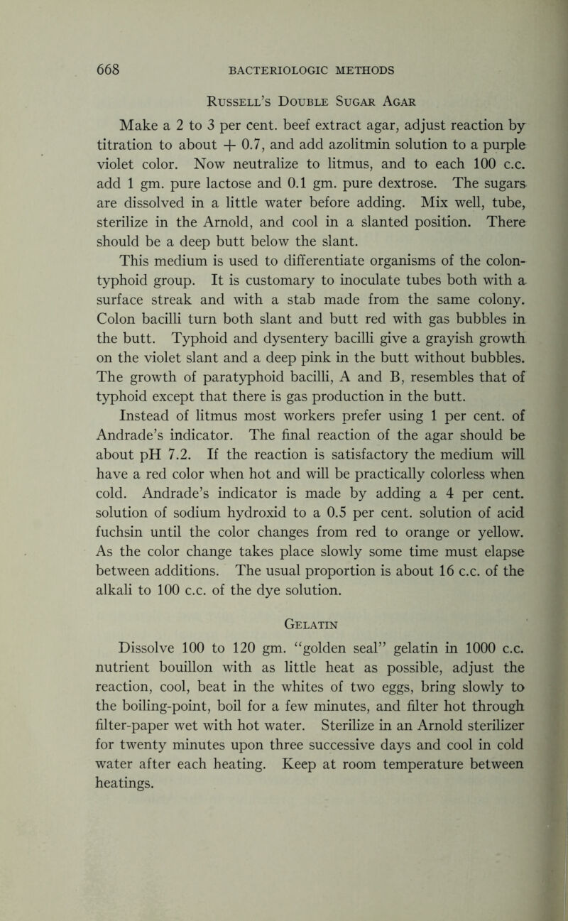 Russell’s Double Sugar Agar Make a 2 to 3 per cent, beef extract agar, adjust reaction by titration to about + 0.7, and add azolitmin solution to a purple violet color. Now neutralize to litmus, and to each 100 c.c. add 1 gm. pure lactose and 0.1 gm. pure dextrose. The sugars are dissolved in a little water before adding. Mix well, tube, sterilize in the Arnold, and cool in a slanted position. There should be a deep butt below the slant. This medium is used to differentiate organisms of the colon- typhoid group. It is customary to inoculate tubes both with a surface streak and with a stab made from the same colony. Colon bacilli turn both slant and butt red with gas bubbles in the butt. Typhoid and dysentery bacilli give a grayish growth on the violet slant and a deep pink in the butt without bubbles. The growth of paratyphoid bacilli, A and B, resembles that of typhoid except that there is gas production in the butt. Instead of litmus most workers prefer using 1 per cent, of Andrade’s indicator. The final reaction of the agar should be about pH 7.2. If the reaction is satisfactory the medium will have a red color when hot and will be practically colorless when cold. Andrade’s indicator is made by adding a 4 per cent, solution of sodium hydroxid to a 0.5 per cent, solution of acid fuchsin until the color changes from red to orange or yellow. As the color change takes place slowly some time must elapse between additions. The usual proportion is about 16 c.c. of the alkali to 100 c.c. of the dye solution. Gelatin Dissolve 100 to 120 gm. “golden seal” gelatin in 1000 c.c. nutrient bouillon with as little heat as possible, adjust the reaction, cool, beat in the whites of two eggs, bring slowly to the boiling-point, boil for a few minutes, and filter hot through filter-paper wet with hot water. Sterilize in an Arnold sterilizer for twenty minutes upon three successive days and cool in cold water after each heating. Keep at room temperature between heatings.