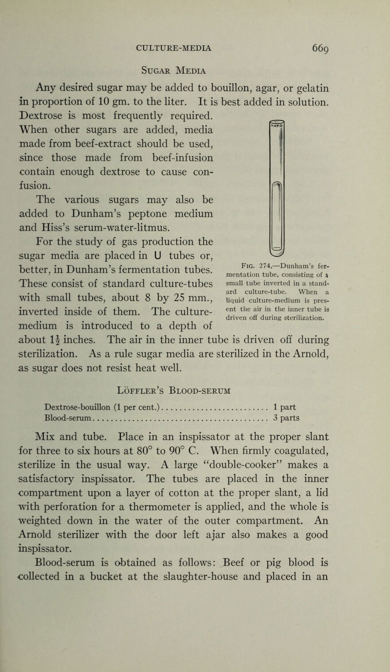 Sugar Media Any desired sugar may be added to bouillon, agar, or gelatin in proportion of 10 gm. to the liter. It is best added in solution. Dextrose is most frequently required. When other sugars are added, media made from beef-extract should be used, since those made from beef-infusion contain enough dextrose to cause con- fusion. The various sugars may also be added to Dunham’s peptone medium and Hiss’s serum-water-litmus. For the study of gas production the sugar media are placed in U tubes or, better, in Dunham’s fermentation tubes. These consist of standard culture-tubes with small tubes, about 8 by 25 mm., inverted inside of them. The culture- medium is introduced to a depth of about 1J inches. The air in the inner tube is driven off during sterilization. As a rule sugar media are sterilized in the Arnold, as sugar does not resist heat well. Loffler’s Blood-serum Dextrose-bouillon (1 per cent.) 1 part Blood-serum 3 parts Mix and tube. Place in an inspissator at the proper slant for three to six hours at 80° to 90° C. When firmly coagulated, sterilize in the usual way. A large “double-cooker” makes a satisfactory inspissator. The tubes are placed in the inner compartment upon a layer of cotton at the proper slant, a lid with perforation for a thermometer is applied, and the whole is weighted down in the water of the outer compartment. An Arnold sterilizer with the door left ajar also makes a good inspissator. Blood-serum is obtained as follows: Beef or pig blood is collected in a bucket at the slaughter-house and placed in an <V-MT.O 1 '3' Fig. 274,—Dunham’s fer- mentation tube, consisting of a small tube inverted in a stand- ard culture-tube. When a liquid culture-medium is pres- ent the air in the inner tube is driven off during sterilization.