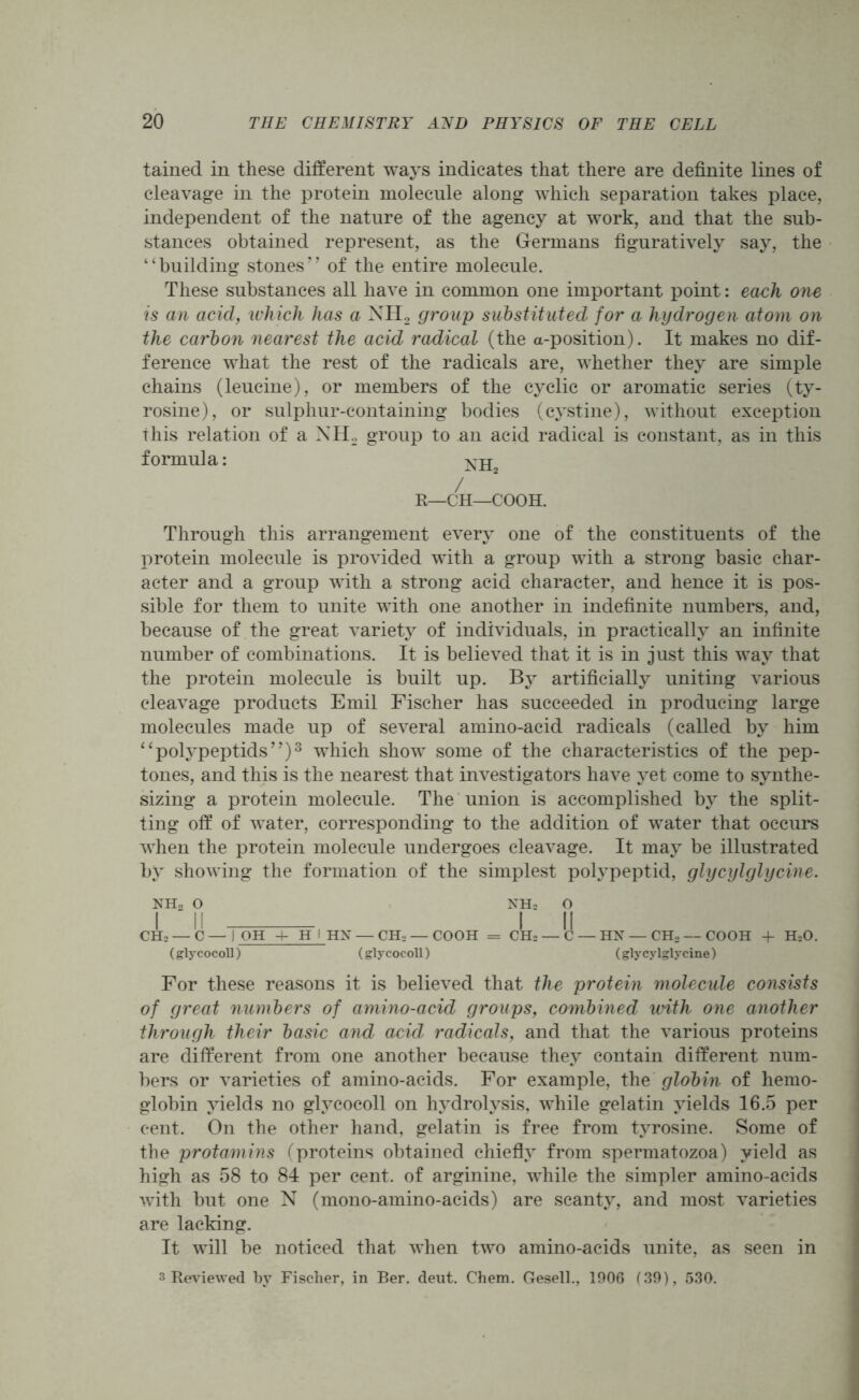 tained in these different ways indicates that there are definite lines of cleavage in the protein molecule along which separation takes place, independent of the nature of the agency at work, and that the sub- stances obtained represent, as the Germans figuratively say, the “building stones” of the entire molecule. These substances all have in common one important point: each one is an acid, which has a XH2 group substituted for a hydrogen atom on the carbon nearest the acid radical (the a-position). It makes no dif- ference what the rest of the radicals are, whether they are simple chains (leucine), or members of the cyclic or aromatic series (ty- rosine), or sulphur-containing bodies (cystine), without exception this relation of a XH2 group to an acid radical is constant, as in this formula: / r_CH—COOH. Through this arrangement every one of the constituents of the protein molecule is provided with a group with a strong basic char- acter and a group with a strong acid character, and hence it is pos- sible for them to unite with one another in indefinite numbers, and, because of the great variety of individuals, in practically an infinite number of combinations. It is believed that it is in just this way that the protein molecule is built up. By artificially uniting various cleavage products Emil Fischer has succeeded in producing large molecules made up of several amino-acid radicals (called by him “polypeptids”)3 which show some of the characteristics of the pep- tones, and this is the nearest that investigators have yet come to synthe- sizing a protein molecule. The union is accomplished by the split- ting off of water, corresponding to the addition of water that occurs when the protein molecule undergoes cleavage. It may be illustrated by showing the formation of the simplest polypeptid, glycylglycine. nh2 o nh2 o CH2— C— lOH 4- H I HN —■ CHo — COOH = CH2 — (J — HN — CH, — COOH + H20. (glycocoll) (glycocoll) (glycylglycine) For these reasons it is believed that the protein molecule consists of great numbers of amino-acid groups, combined with one another through their basic and acid radicals, and that the various proteins are different from one another because they contain different num- bers or varieties of amino-acids. For example, the globin of hemo- globin yields no glycocoll on hydrolysis, while gelatin yields 16.5 per cent. On the other hand, gelatin is free from tyrosine. Some of the protamins (proteins obtained chiefly from spermatozoa) yield as high as 58 to 84 per cent, of arginine, while the simpler amino-acids with but one N (mono-amino-acids) are scanty, and most varieties are lacking. It will be noticed that when two amino-acids unite, as seen in 3 Reviewed by Fischer, in Ber. deut. Chem. Gesell., 1906 (39), 530.