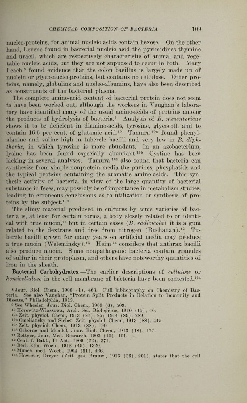 nucleo-proteins, for animal nucleic acids contain hexose. On the other hand, Levene found in bacterial nucleic acid the pyrimidines thymine and uracil, which are respectively characteristic of animal and vege- table nucleic acids, but they are not supposed to occur in both. Mary Leach 8 found evidence that the colon bacillus is largely made up of nuclein or glyco-nucleoproteins, but contains no cellulose. Other pro- teins, namely, globulins and nucleo-albumins, have also been described as constituents of the bacterial plasma. The complete amino-acid content of bacterial protein does not seem to have been worked out, although the workers in Vaughan’s labora- tory have identified many of the usual amino-acids of proteins among the products of hydrolysis of bacteria.9 Analysis of B. mesentericus shows it to be deficient in diamino-acids, tyrosine, glycocoll, and to contain 16.6 per cent, of glutamic acid.10 Tamura 10a found phenyl- alanine and valine high in tubercle bacilli and very low in B. diph- therice, in which tyrosine is more abundant. In an azobacterium, lysine has been found especially abundant.10b Cystine has been lacking in several analyses. Tamura 100 also found that bacteria can synthesize from simple nonprotein media the purines, phosphatids and the typical proteins containing the aromatic amino-acids. This syn- thetic activity of bacteria, in view of the large quantity of bacterial substance in feces, may possibly be of importance in metabolism studies, leading to erroneous conclusions as to utilization or synthesis of pro- teins by the subject.10* The slimy material produced in cultures by some varieties of bac- teria is, at least for certain forms, a body closely related to or identi- cal with true mucin,11 but in certain cases (B. radicicola) it is a gum related to the dextrans and free from nitrogen (Buchanan).12 Tu- bercle bacilli grown for many years on artificial media may produce a true mucin (Weleminsky) ,13 Heim 14 considers that anthrax bacilli also produce mucin. Some nonpathogenic bacteria contain granules of sulfur in their protoplasm, and others have noteworthy quantities of iron in the sheath. Bacterial Carbohydrates.—The earlier descriptions of cellulose or hemicellulose in the cell membrane of bacteria have been contested.1411 s Jour. Biol. Chem., 1906 (1), 463. Full bibliography on Chemistry of Bac- teria. See also Vaughan, “Protein Split Products in Relation to Immunity and Disease,” Philadelphia, 1913. 9 See Wheeler, Jour. Biol. Chem., 1909 (6), 509. 10 Horowitz-Wlassowa, Arch. Sci. Biologique, 1910' (15), 40. loaZeit. physiol. Chem., 1913 (87), 85; 1914 (89), 289.' iob Omeliansky and Sieber, Zeit. physiol. Chem., 1913 (88), 445. iocZeit. physiol. Chem., 1913 (88), 190. 10d Osborne and Mendel, Jour. Biol. Chem., 1913 (18), 177. 11 Rettger, Jour. Med. Research, 1903 (10), 101. 12 Cent. f. Bakt., II Abt., 1909 (22), 371. 13 Berl. klin. Woch., 1912 (49), 1320. Munch, med. Woch., 1904 (51), 426. i4a However, Dreyer (Zeit. ges. Brauw., 1913 (36), 201), states that the cell