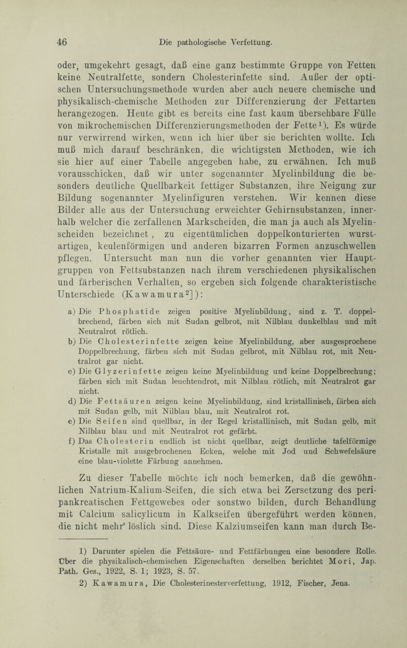 oder, umgekehrt gesagt, daß eine ganz bestimmte Gruppe von Fetten keine Neutralfette, sondern Cholesterinfette sind. Außer der opti¬ schen Untersuchungsmethode wurden aber auch neuere chemische und physikalisch-chemische Methoden zur Differenzierung der Fettarten herangezogen. Heute gibt es bereits eine fast kaum übersehbare Fülle von mikrochemischen Differenzierungsmethoden der Fette1). Es würde nur verwirrend wirken, wenn ich hier über sie berichten wollte. Ich muß mich darauf beschränken, die wichtigsten Methoden, wie ich sie hier auf einer Tabelle angegeben habe, zu erwähnen. Ich muß vorausschicken, daß wir unter sogenannter Myelinbildung die be¬ sonders deutliche Quellbarkeit fettiger Substanzen, ihre Neigung zur Bildung sogenannter Myelinfiguren verstehen. Wir kennen diese Bilder alle aus der Untersuchung erweichter Gehirnsubstanzen, inner¬ halb welcher die zerfallenen Markscheiden, die man ja auch als Myelin¬ scheiden bezeichnet , zu eigentümlichen doppelkonturierten wurst¬ artigen, keulenförmigen und anderen bizarren Formen anzuschwellen pflegen. Untersucht man nun die vorher genannten vier Haupt¬ gruppen von Fettsubstanzen nach ihrem verschiedenen physikalischen und färberischen Verhalten, so ergeben sich folgende charakteristische Unterschiede (Kawamura2]): a) Die Phospliatide zeigen positive Myelinbildung, sind z. T. doppel¬ brechend, färben sich mit Sudan gelbrot, mit Nilblau dunkelblau und mit Neutralrot rötlich. b) Die Cholesterinfette zeigen keine Myelinbildung, aber ausgesprochene Doppelbrechung, färben sich mit Sudan gelbrot, mit Nüblau rot, mit Neu¬ tralrot gar nicht. c) Die Glyzerin fette zeigen keine Myelinbildung und keine Doppelbrechung; färben sich mit Sudan leuchtendrot, mit Nilblau rötlich, mit Neutralrot gar nicht. d) Die Fettsäuren zeigen keine Myelinbildung, sind kristallinisch, färben sich mit Sudan gelb, mit Nilblau blau, mit Neutralrot rot. e) Die Seifen sind quellbar, in der Regel kristallinisch, mit Sudan gelb, mit Nilblau blau und mit Neutralrot rot gefärbt. f) Das Cholesterin endlich ist nicht quellbar, zeigt deutliche tafelförmige Kristalle mit ausgebrochenen Ecken, welche mit Jod und Schwefelsäure eine blau-violette Färbung annehmen. Zu dieser Tabelle möchte ich noch bemerken, daß die gewöhn¬ lichen Natrium-Kalium-Seifen, die sich etwa bei Zersetzung des peri- pankreatischen Fettgewebes oder sonstwo bilden, durch Behandlung mit Calcium salicylicum in Kalkseifen übergeführt werden können, die nicht mehr* löslich sind. Diese Kalziumseifen kann man durch Be- 1) Darunter spielen die Fettsäure- und Fettfärbungen eine besondere Rolle. Über die physikalisch-chemischen Eigenschaften derselben berichtet Mori, Jap. Path. Ges., 1922, S. 1; 1923, S. 57. 2) Kawamura, Die Cholesterinesterverfettung, 1912, Fischer, Jena.
