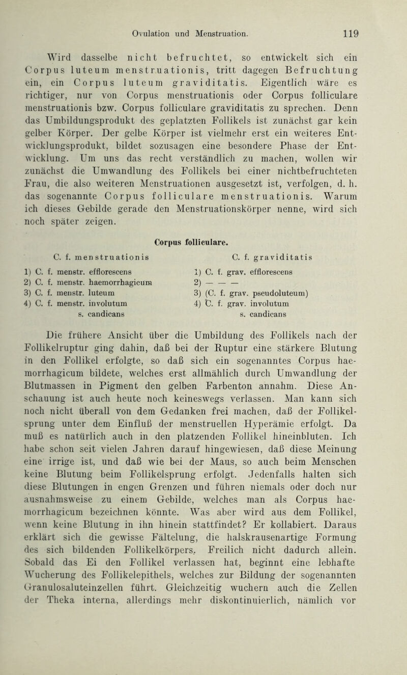 Wird dasselbe nicht befruchtet, so entwickelt sich ein Corpus luteum menstruationis, tritt dagegen Befruchtung ein, ein Corpus luteum graviditatis. Eigentlich wäre es richtiger, nur von Corpus menstruationis oder Corpus folliculare menstruationis bzw. Corpus folliculare graviditatis zu sprechen. Denn das Umbildungsprodukt des geplatzten Follikels ist zunächst gar kein gelber Körper. Der gelbe Körper ist vielmehr erst ein weiteres Ent¬ wicklungsprodukt, bildet sozusagen eine besondere Phase der Ent¬ wicklung. Um uns das recht verständlich zu machen, wollen wir zunächst die Umwandlung des Follikels bei einer nichtbefruchteten Frau, die also weiteren Menstruationen ausgesetzt ist, verfolgen, d. h. das sogenannte Corpus folliculare menstruationis. Warum ich dieses Gebilde gerade den Menstruationskörper nenne, wird sich noch später zeigen. Corpus folliculare. C. f. menstruationis 1) C. f. menstr. efflorescens 2) C. f. menstr. haemorrhagicum 3) C. f. menstr. luteum 4) C. f. menstr. involutum s. candicans C. f. graviditatis 1) C. f. grav. efflorescens 2) - 3) (C. f. grav. pseudoluteum) 4) U. f. grav. involutum s. candicans Die frühere Ansicht über die Umbildung des Follikels nach der Follikelruptur ging dahin, daß bei der Kuptur eine stärkere Blutung in den Follikel erfolgte, so daß sich ein sogenanntes Corpus hae¬ morrhagicum bildete, welches erst allmählich durch Umwandlung der Blutmassen in Pigment den gelben Farbenton annahm. Diese An¬ schauung ist auch heute noch keineswegs verlassen. Man kann sich noch nicht überall von dem Gedanken frei machen, daß der Follikel¬ sprung unter dem Einfluß der menstruellen Hyperämie erfolgt. Da muß es natürlich auch in den platzenden Follikel hineinbluten. Ich habe schon seit vielen Jahren darauf hingewiesen, daß diese Meinung eine irrige ist, und daß wie bei der Maus, so auch beim Menschen keine Blutung beim Follikelsprung erfolgt. Jedenfalls halten sich diese Blutungen in engen Grenzen und führen niemals oder doch nur ausnahmsweise zu einem Gebilde, welches man als Corpus hae¬ morrhagicum bezeichnen könnte. Was aber wird aus dem Follikel, wenn keine Blutung in ihn hinein stattfindet? Er kollabiert. Daraus erklärt sich die gewisse Fältelung, die halskrausenartige Formung des sich bildenden Follikelkörpers. Freilich nicht dadurch allein. Sobald das Ei den Follikel verlassen hat, beginnt eine lebhafte Wucherung des Follikelepithels, welches zur Bildung der sogenannten Granulosaluteinzellen führt. Gleichzeitig wuchern auch die Zellen der Theka interna, allerdings mehr diskontinuierlich, nämlich vor