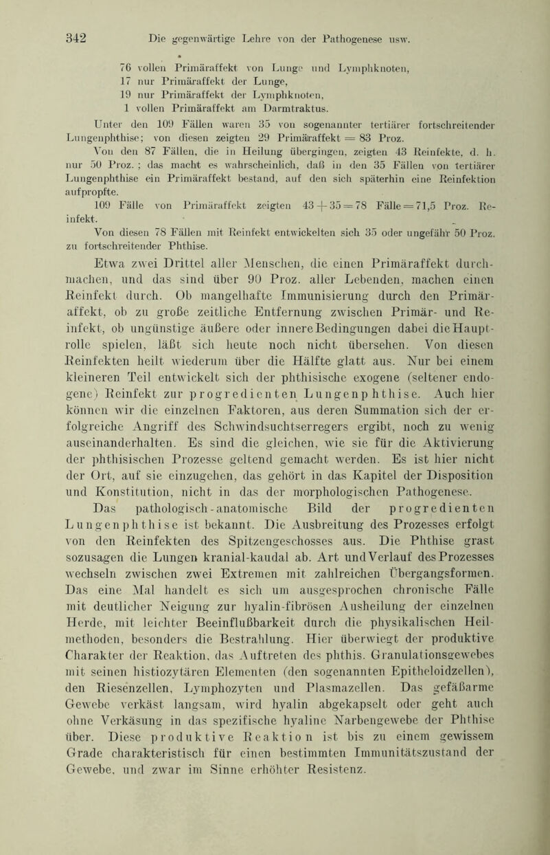 76 vollen Primäraffekt von Lunge und Lymphknoten, 17 nur Primäraffekt der Lunge, 19 nur Primäraffekt der Lymphknoten, 1 vollen Primäraffekt am Darmtraktus. Unter den 109 Fällen waren 33 von sogenannter tertiärer fortschreitender Lungenphthise; von diesen zeigten 29 Primäraffekt = 83 Proz. Von den 87 Fällen, die in Heilung übergingen, zeigten 43 ßeinfekte, d. h. nur 50 Proz. ; das macht es wahrscheinlich, daß in den 35 Fällen von tertiärer Lungenphthise ein Primäraffekt bestand, auf den sich späterhin eine Reinfektion aufpropfte. 109 Fälle von Primäraffekt zeigten 43 -f- 35 = 78 Fälle = 71,5 Proz. Re- infekt. Von diesen 78 Fällen mit Reinfekt entwickelten sich 35 oder ungefähr 50 Proz. zu fortschreitender Phthise. Etwa zwei Drittel aller Menschen, die einen Primäraffekt durch- niaclien, und das sind über 90 Proz. aller Lebenden, machen einen Reinfekt durch. Ob mangelhafte Immunisierung durch den Primär¬ affekt, ob zu große zeitliche Entfernung zwischen Primär- und Re¬ infekt, ob ungünstige äußere oder innere Bedingungen dabei die Haupt¬ rolle spielen, läßt sich heute noch nicht übersehen. Von diesen Reinfekten heilt wiederum über die Hälfte glatt aus. Nur bei einem kleineren Teil entwickelt sich der phthisische exogene (seltener endo¬ gene) Reinfekt zur progredienten Lungenp hthise. Auch hier können wir die einzelnen Faktoren, aus deren Summation sich der er¬ folgreiche Angriff des Schwindsuchtserregers ergibt, noch zu wenig auseinanderhalten. Es sind die gleichen, wie sie für die Aktivierung der phthisischen Prozesse geltend gemacht werden. Es ist hier nicht der Ort, auf sie einzugehen, das gehört in das Kapitel der Disposition und Konstitution, nicht in das der morphologischen Pathogenese. Das pathologisch-anatomische Bild der progredienten Lungenphthise ist bekannt. Die Ausbreitung des Prozesses erfolgt von den Reinfekten des Spitzengeschosses aus. Die Phthise grast sozusagen die Lungen kranial-kau dal ab. Art und Verlauf des Prozesses wechseln zwischen zwei Extremen mit zahlreichen Übergangsformen. Das eine Mal handelt es sich um ausgesprochen chronische Fälle mit deutlicher Neigung zur hyalin-fibrösen Ausheilung der einzelnen Herde, mit leichter Beeinflußbarkeit durch die physikalischen Heil¬ methoden, besonders die Bestrahlung. Hier überwiegt der produktive Charakter der Reaktion, das Auftreten des phthis. Granulationsgewebes mit seinen histiozytären Elementen (den sogenannten Epitheloidzellen), den Riesenzellen, Lymphozyten und Plasmazellen. Das gefäßarme Gewebe verkäst langsam, wird hyalin abgekapselt oder geht auch ohne Verkäsung in das spezifische hyaline Narbengewebe der Phthise über. Diese produktive Reaktion ist bis zu einem gewissem Grade charakteristisch für einen bestimmten Immunitätszustand der Gewebe, und zwar im Sinne erhöhter Resistenz.