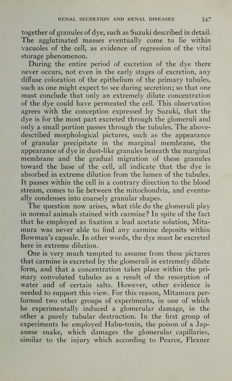 together of granules of dye, such as Suzuki described in detail. The agglutinated masses eventually come to lie within vacuoles of the cell, as evidence of regression of the vital storage phenomenon. During the entire period of excretion of the dye there never occurs, not even in the early stages of excretion, any diffuse coloration of the epithelium of the primary tubules, such as one might expect to see during secretion; so that one must conclude that only an extremely dilute concentration of the dye could have permeated the cell. This observation agrees with the conception expressed by Suzuki, that the dye is for the most part excreted through the glomeruli and only a small portion passes through the tubules. The above- described morphological pictures, such as the appearance of granular precipitate in the marginal membrane, the appearance of dye in dust-like granules beneath the marginal membrane and the gradual migration of these granules toward the base of the cell, all indicate that the dye is absorbed in extreme dilution from the lumen of the tubules. It passes within the cell in a contrary direction to the blood stream, comes to lie between the mitochondria, and eventu- ally condenses into coarsely granular shapes. The question now arises, what role do the glomeruli play in normal animals stained with carmine? In spite of the fact that he employed as fixation a lead acetate solution, Mita- mura was never able to find any carmine deposits within Bowman’s capsule. In other words, the dye must be excreted here in extreme dilution. One is very much tempted to assume from these pictures that carmine is excreted by the glomeruli in extremely dilute form, and that a concentration takes place within the pri- mary convoluted tubules as a result of the resorption of water and of certain salts. However, other evidence is needed to support this view. For this reason, Mitamura per- formed two other groups of experiments, in one of which he experimentally induced a glomerular damage, in the other a purely tubular destruction. In the first group of experiments he employed Habu-toxin, the poison of a Jap- anese snake, which damages the glomerular capillaries, similar to the injury which according to Pearce, Flexner