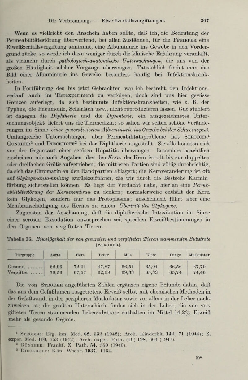 Wenn es vielleicht den Anschein haben sollte, daß ich, die Bedeutung der Permeabilitätsstörung überwertend, bei allen Zuständen, für die Pfeiffer eine Eiweißzerfallsvergiftung annimmt, eine Albuminurie ins Gewebe in den Vorder- grund rücke, so werde ich dazu weniger durch die klinische Erfahrung veranlaßt, als vielmehr durch 'pathologisch-anatomische Untersuchungen, die uns von der großen Häufigkeit solcher Vorgänge überzeugen. Tatsächlich findet man das Bild einer Albuminurie ins Gewebe besonders häufig bei Infektionskrank- heiten. In Fortführung des bis jetzt Gebrachten war ich bestrebt, den Infektions- verlauf auch im Tierexperiment zu verfolgen, doch sind uns hier gewisse Grenzen auferlegt, da sich bestimmte Infektionskrankheiten, wie z. B. der Typhus, die Pneumonie, Scharlach usw., nicht reproduzieren lassen. Gut studiert ist dagegen die Diphtherie und die Dysenterie; ein ausgezeichnetes Unter- suchungsobjekt liefert uns die Tiermedizin; so sahen wir selten schöne Verände- rungen im Sinne einer generalisierten Albuminurie ins Gewebe bei der Schweinepest. Umfangreiche Untersuchungen über Permeabilitätsprobleme hat Ströder,1 Günther2 und Dieckhoff3 bei der Diphtherie angestellt. Sie alle konnten sich von der Gegenwart einer serösen Hepatitis überzeugen. Besonders beachtlich erscheinen mir auch Angaben über den Kern: der Kern ist oft bis zur doppelten oder dreifachen Größe aufgetrieben; die mittleren Partien sind völlig durchsichtig, da sich das Chromatin an den Randpartien ablagert; die Kern Veränderung ist oft auf Glykogenansammlung zurückzuführen, die wir durch die Bestsche Karmin- färbung sicherstellen können. Es liegt der Verdacht nahe, hier an eine Perme- abilitätsstörung der Kernmembran zu denken; normalerweise enthält der Kern kein Glykogen, sondern nur das Protoplasma; anscheinend führt aber eine Membranschädigung des Kernes zu einem Übertritt des Glykogens. Zugunsten der Anschauung, daß die diphtherische Intoxikation im Sinne einer serösen Exsudation anzusprechen sei, sprechen Eiweißbestimmungen in den Organen von vergifteten Tieren. Tabelle 36. Eiweißgehalt der von gesunden und vergifteten Tieren stammenden Substrate (Ströder). Tiergruppe Aorta Herz Leber Milz Niere Lunge Muskulatur Gesund 62,96 70,56 72,01 67,57 47,87 62,08 66,51 69,33 65,04 65,33 66,56 65,74 67,70 74,46 Vergiftet Die von Ströder angeführten Zahlen ergänzen eigene Befunde dahin, daß das aus dem Gefäßlumen ausgetretene Eiweiß selbst mit chemischen Methoden in der Gefäßwand, in der peripheren Muskulatur sowie vor allem in der Leber nach- zuweisen ist; die größten Unterschiede finden sich in der Leber; die von ver- gifteten Tieren stammenden Lebersubstrate enthalten im Mittel 14,2% Eiweiß mehr als gesunde Organe. 1 Ströder: Erg. hin. Med. 62, 532 (1942); Arch. Ivinderhk. 132, 71 (1944); Z. erper. Med. 110, 753 (1942); Arch. exper. Path. (D.) 198, 604 (1941). * Günther: Frankf. Z. Path. 54, 550 (1940). * Dieckhoff: Klin. Wschr. 1937, 1154. 20*
