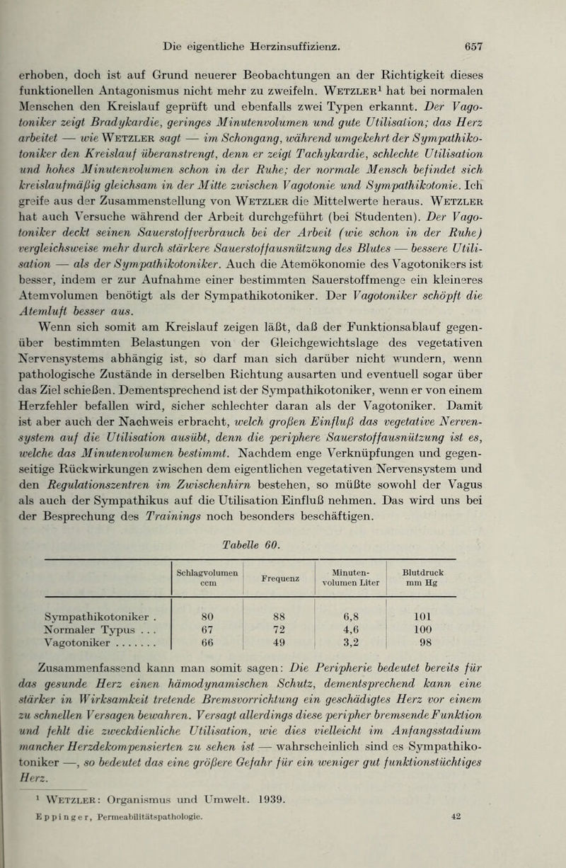 erhoben, doch ist auf Grund neuerer Beobachtungen an der Richtigkeit dieses funktionellen Antagonismus nicht mehr zu zweifeln. Wetzler1 hat bei normalen Menschen den Kreislauf geprüft und ebenfalls zwei Typen erkannt. Der Vago- toniker zeigt Bradykardie, geringes Minutenvolumen und gute Utilisalion; das Herz arbeitet — wie Wetzler sagt — im Schongang, während umgekehrt der Sympathiko- toniker den Kreislauf überanstrengt, denn er zeigt Tachykardie, schlechte Utilisalion und hohes Minutenvolumen schon in der Ruhe; der normale Mensch befindet sich kreislaufmäßig gleichsam in der Mitte zwischen Vagotonie und Sympathikotonie. Ich greife aus der Zusammenstellung von Wetzler die Mittelwerte heraus. Wetzler hat auch Versuche während der Arbeit durchgeführt (bei Studenten). Der Vago- toniker deckt seinen Sauerstoffverbrauch bei der Arbeit (wie schon in der Ruhe) vergleichsweise mehr durch stärkere Sauerstoffausnützung des Blutes — bessere Utili- sation — als der Sympathikotoniker. Auch die Atemökonomie des Vagotonikers ist besser, indem er zur Aufnahme einer bestimmten Sauerstoffmenge ein kleineres Atemvolumen benötigt als der Sympathikotoniker. Der Vagotoniker schöpft die Atemlufi besser aus. Wenn sich somit am Kreislauf zeigen läßt, daß der Funktionsablauf gegen- über bestimmten Belastungen von der Gleichgewichtslage des vegetativen Nervensystems abhängig ist, so darf man sich darüber nicht wundern, wenn pathologische Zustände in derselben Richtung ausarten und eventuell sogar über das Ziel schießen. Dementsprechend ist der Sympathikotoniker, wenn er von einem Herzfehler befallen wird, sicher schlechter daran als der Vagotoniker. Damit ist aber auch der Nachweis erbracht, welch großen Einfluß das vegetative Nerven- system auf die Utilisation ausübt, denn die periphere Sauerstoffausnützung ist es, ivelche das Minutenvolumen bestimmt. Nachdem enge Verknüpfungen und gegen- seitige Rückwirkungen zwischen dem eigentlichen vegetativen Nervensystem und den Regulationszentren im Zwischenhirn bestehen, so müßte sowohl der Vagus als auch der Sympathikus auf die Utilisation Einfluß nehmen. Das wird uns bei der Besprechung des Trainings noch besonders beschäftigen. Tabelle 60. Schlagvolumen ccm Frequenz Minuten- volumen Liter Blutdruck mm Hg Sympathikotoniker . 80 88 6,8 101 Normaler Typus . . . 67 72 4,6 100 Vagotoniker 66 49 3,2 98 Zusammenfassend kann man somit sagen: Die Peripherie bedeutet bereits für das gesunde Herz einen hämodynamischen Schutz, dementsprechend kann eine stärker in Wirksamkeit tretende Bremsvorrichtung ein geschädigtes Herz vor einem zu schnellen Versagen bewahren. Versagt allerdings diese peripher bremsende Funktion und fehlt die zweckdienliche Utilisation, wie dies vielleicht im Anfangsstadium mancher Herzdekompensierten zu sehen ist — wahrscheinlich sind es Sympathiko- toniker —, so bedeutet das eine größere Gefahr für ein weniger gut funktionstüchtiges Herz. 1 Wetzler: Organismus und Umwelt. 1939. Eppinger, Permeabilitätspathologic. 42