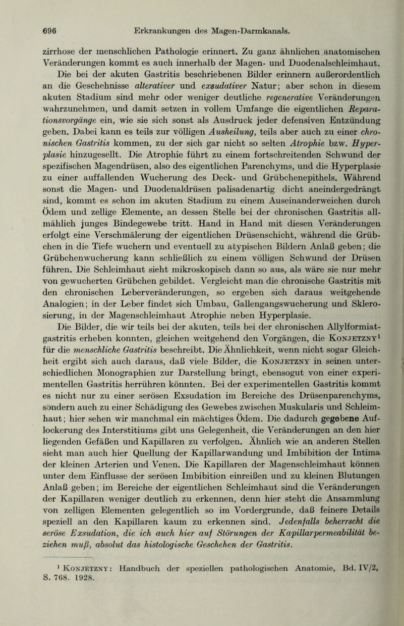 Zirrhose der menschlichen Pathologie erinnert. Zu ganz ähnlichen anatomischen Veränderungen kommt es auch innerhalb der Magen- und Duodenalschleimhaut. Die bei der akuten Gastritis beschriebenen Bilder erinnern außerordentlich an die Geschehnisse alterativer und exsudativer Natur; aber schon in diesem akuten Stadium sind mehr oder weniger deutliche regenerative Veränderungen wahrzunehmen, und damit setzen in vollem Umfange die eigentlichen Repara- tionsvorgänge ein, wie sie sich sonst als Ausdruck jeder defensiven Entzündung geben. Dabei kann es teils zur völligen Ausheilung, teils aber auch zu einer chro- nischen Gastritis kommen, zu der sich gar nicht so selten Atrophie bzw. Hyper- plasie hinzugesellt. Die Atrophie führt zu einem fortschreitenden Schwund der spezifischen Magendrüsen, also des eigentlichen Parenchyms, und die Hyperplasie zu einer auffallenden Wucherung des Deck- und Grübchenepithels. Während sonst die Magen- und Duodenaldrüsen palisadenartig dicht aneindergedrängt sind, kommt es schon im akuten Stadium zu einem Auseinanderweichen durch Ödem und zellige Elemente, an dessen Stelle bei der chronischen Gastritis all- mählich junges Bindegewebe tritt. Hand in Hand mit diesen Veränderungen erfolgt eine Verschmälerung der eigentlichen Drüsenschicht, während die Grüb- chen in die Tiefe wuchern und eventuell zu atypischen Bildern Anlaß geben; die Grübchenwucherung kann schließlich zu einem völligen Schwund der Drüsen führen. Die Schleimhaut sieht mikroskopisch dann so aus, als wäre sie nur mehr von gewucherten Grübchen gebildet. Vergleicht man die chronische Gastritis mit den chronischen Leberveränderungen, so ergeben sich daraus weitgehende Analogien; in der Leber findet sich Umbau, Gallengangswucherung und Sklero- sierung, in der Magenschleimhaut Atrophie neben Hyperplasie. Die Bilder, die wir teils bei der akuten, teils bei der chronischen Allylformiat- gastritis erheben konnten, gleichen weitgehend den Vorgängen, die Konjetzny1 für die menschliche Gastritis beschreibt. Die Ähnlichkeit, wenn nicht sogar Gleich- heit ergibt sich auch daraus, daß viele Bilder, die Konjetzny in seinen unter- schiedlichen Monographien zur Darstellung bringt, ebensogut von einer experi- mentellen Gastritis herrühren könnten. Bei der experimentellen Gastritis kommt es nicht nur zu einer serösen Exsudation im Bereiche des Drüsenparenchyms, sondern auch zu einer Schädigung des Gewebes zwischen Muskularis und Schleim- haut; hier sehen wir manchmal ein mächtiges Ödem. Die dadurch gegebene Auf- lockerung des Interstitiums gibt uns Gelegenheit, die Veränderungen an den hier liegenden Gefäßen und Kapillaren zu verfolgen. Ähnlich wie an anderen Stellen sieht man auch hier Quellung der Kapillarwandung und Imbibition der Intima der kleinen Arterien und Venen. Die Kapillaren der Magenschleimhaut können unter dem Einflüsse der serösen Imbibition einreißen und zu kleinen Blutungen Anlaß geben; im Bereiche der eigentlichen Schleimhaut sind die Veränderungen der Kapillaren weniger deutlich zu erkennen, denn hier steht die Ansammlung von zelligen Elementen gelegentlich so im Vordergründe, daß feinere Details speziell an den Kapillaren kaum zu erkennen sind. Jedenfalls beherrscht die seröse Exsudation, die ich auch hier auf Störungen der Kapillarpermeabilität be- ziehen muß, absolut das histologische Geschehen der Gastritis. 1 Konjetzny : Handbuch der speziellen pathologischen Anatomie, Bd. IV/2, S. 768. 1928.