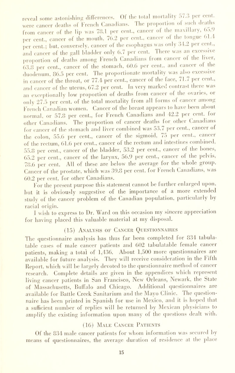 reveal some astonishing differences. Of the total mortality 57.3 per cent, were cancer deaths of French Canadians. The proportion of such deaths from cancer of (he lip was 78.1 per cent., cancer of the maxillary, (».>.«) per cent., cancer of the mouth, 76.2 per cent., cancer of the tongue 61.4 per cent.; but, conversely, cancer of the esophagus was only 3 1.2 per cent., and cancer of the gall bladder only 6.7 per cent. There was an excessive proportion of deaths among French Canadians lrom cancer ol the liver, 63.8 per cent., cancer of the stomach, 60.6 per cent., and cancer of the duodenum, 86.5 per cent. The proportionate mortality was also excessive in cancer of the throat, or 77.4 per cent., cancer of the face, 71.7 per cent., and cancer of the uterus, 67.2 per cent. In very marked contrast there was an exceptionally low proportion of deaths from cancer ol the ovaiies, oi only 27.5 per cent, of the total mortality from all forms of cancer among French Canadian women. Cancer of the breast appears to have been about normal, or 57.8 per cent., for French Canadians and 42.2 per cent, for other Canadians. The proportion of cancer deaths for other Canadians for cancer of the stomach and liver combined was 53.7 per cent., cancer of the colon, 55.6 per cent., cancer of the sigmoid. 75 per cent., cancer of the rectum, 61.6 per cent., cancer of the rectum and intestines combined, 55.8 per cent., cancer of the bladder, 53.2 per cent., cancer of the bones, 65.2 per cent., cancer of the larynx, 56.9 per cent., cancer ol the pelvis, 78.6 per cent. All of these are below the average for the whole group. Cancer of the prostate, which was 39.8 per cent, for french Canadians, \vas 60.2 per cent, for other Canadians. For the present purpose this statement cannot be further enlarged upon, but it is obviously suggestive of the importance of a more extended study of the cancer problem of the Canadian population, particularly by racial origin. 1 wish to express to Dr. Ward on this occasion my sincere appreciation for having placed this valuable material at my disposal. (15) Analysis of Cancer Questionnaires The questionnaire analysis has thus far been completed for 834 tabula- table cases of male cancer patients and 602 tabulatable female cancer patients, making a total of 1,436. About 1,500 more questionnaires are available for future analysis. They will receive consideration in the Fifth Report, which will be largely devoted to the questionnaire method of cancer research. Conqdete details are given in the appendices which represent living cancer patients in San Francisco, New Orleans, Newark, the State of Massachusetts, Buffalo and Chicago. Additional questionnaires are available for Battle Creek Sanitarium and the Mayo Clinic. The question¬ naire has been printed in Spanish lor use in Mexico, and it is hoped that a sufficient number of replies will be returned by Mexican physicians to amplify the existing information upon many of the questions dealt with. (16) Male Cancer Patients Of the 834 male cancer patients for whom information was secured by means of questionnaires, the average duration of residence at the place