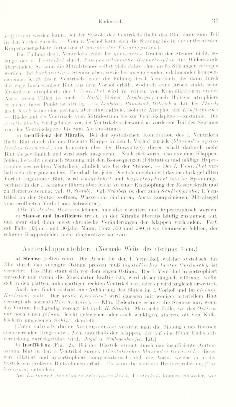 Endorard. ;io su f fiel ent wen len kann; hei der S\ slole des \entrikels flieht das I > I u t dann zum I eil in den Vorhut zurück. Vom r. \’orliof kann sieh die Stauung bis in die entferntesten Kürpervenengebiete fortsetzen (Cyanosr der F i nge rs p i I zeit). Die Füllung des I. Ventrikels leidet hei ge r i n g e r r n Graden der Stenose nicht., so- lanue der r. Ventrikel durch kompensatorische Hypertrophie die Widerstände überwindet. So kann die Mitralstenose selbst viele dahro ohne grobe Störungen ertragen werden. Bei hochgradiger Stenose aber, sowie bei ungenügender, erlahmender kompen¬ sierender Kraft des r. Ventrikels leidet die Füllung des I. Ventrikels, der dann durch tlas enge hoch weniger Blut aus dem Vorhof erhält, wodurch seine Arbeit sinkt, seine Muskulatur atrophiert: der /. I intrikel wird in reinen, von Komplikationen ander \orta freien Fällen (s. auch .1. liitrlh) kleiner (Haiuberger; nach II ideroe atrophiere er nicht; dieser Punkt ist strittig s. Leuharlz, Ha tun huch, Ostreich u. Bit. bei Thorei; nach Firch käme eine geringe, aber einwandfreie, isolierte Atrophie der K i n J'lußhahn Rückwand des Ventrikels vom Mitrnlostium bis zur Ventrikelspitze- -zustande. Die . 1 ns f ln ßhah n wird gebildet von der Ventrikel vorderwand u. vorderem Teil des Septums von der Ventrikelspitze bis zum Aortenostium). b) InsulTicicnz der Mitralis. Bei der systolischen Kontraktion des 1. Ventrikels fließt Blut durch die ins ifficientc Klappe in den 1. Vorhof zurück (blasendes systo¬ lisches Oi rausch, am lautesten über der Herzspitze); dieser erhält dadurch mehr .Blut als gewöhnlich und wird stark ausgedehnt. Xach rückwärts, also vor dem Klappen¬ fehler, herrscht demnach Stauung mit den Konsequenzen (Dilatation und mäßige Hyper¬ trophie des rechten Ventrikels) ähnlich wie bei der Stenose. —- Der /. Ventrikel ver¬ hält sieh aber ganz anders. Er erhält bei jeder IHastoie ungehindert das im stark gefüllten Vorhof äugest aut« Blut, wird ausgedehnt und hypertrophiert (starke Spannungs¬ verluste in der 1. Kammer führen aber leicht zu einer Erschöpfung der Reservekraft und zu Herzerweiterung; vgl. H. Straub). Vgl. Schubert (s. dort auch Schließ probe: 1. Ven¬ trikel an der Spitze eröffnen, Wasserrohr einführen, Aorta komprimieren, Mitralsegel vom eröffneten Vorhof aus betrachten). Alle Teile des Herzens können hier also erweitert und hypertrophisch werden. c) Stenose und Insuffizienz treten an der Mitralis überaus häufig zusammen auf, und zwar sind dann meist chronische Veränderungen der Klappen vorhanden. Verf. sah Fälle (33jähr. und 36jähr. Mann, Herz 550 und 580 g) wo Geräusche fehlten, der schwere Klappenfehler nicht diagnostizierbar war. Aortenkliippent'ehler. (Normale Weite des Ostiunis Tein.) a) Stenose (selten rein). Die Arbeit für den 1. Ventrikel, welcher systolisch das Blut durch das verengte Ostium pressen muß (systolisches lautes Heran sch), ist vermehrt. Das Blut staut sich vor dem engen Ostium. Der 1. Ventrikel hvpertrophiert entweder nur (wenn die Muskulatur kräftig ist), wird dabei länglich eiförmig, wölbt sieh in den platten, anhangartigen rechten Ventrikel vor, oder er wird zugleich erweitert. Auch hier findet alsbald eine Anhäufung des Blutes im 1. Vorhof und im kleinen Aretslauj statt. Der große Kreislauf wird dagegen mit weniger arteriellem Blut versorgt als normal (// / r n a n ä /nie). Ivlin. Bedeutung erlangt die Stenose nur, wenn das Ostium hochgradig verengt ist (vgl. II. Straub). Man sieht Fälle, wo das Ostium nur noch ein an feinen, leicht gebogenen oder auch winkligen, starren, oft von Kalk- höekern umgebenen Schlitz darstellt. |l nter su b val v u I ärer Aortenstenose versteht man die Bildung eines fibrösen stenosierenden Ringes etwa 2 cm unterhalb der Klappen, der auf eine fötale Endoeard- verdickung zuriiokgcfiihrt wird, Jagiö u. Schlagenhnnfer, Kit. | li) Insiitiieienz (Fig. 12). Bei der Diastole strömt durch das insuffieiente Aorten- ostium Blut in den I. Ventrikel zurück (diastolisches blasendes (,’erä usch); dieser wird dilaticrt und hypertrophiert kompensatorisch; dgl. die Aorta., welche ja in der Systole ein größeres Blutvolumen erhält. Es kann die stärkste Herzvergrößerung (Gor li o v / n u m ) entstehen.