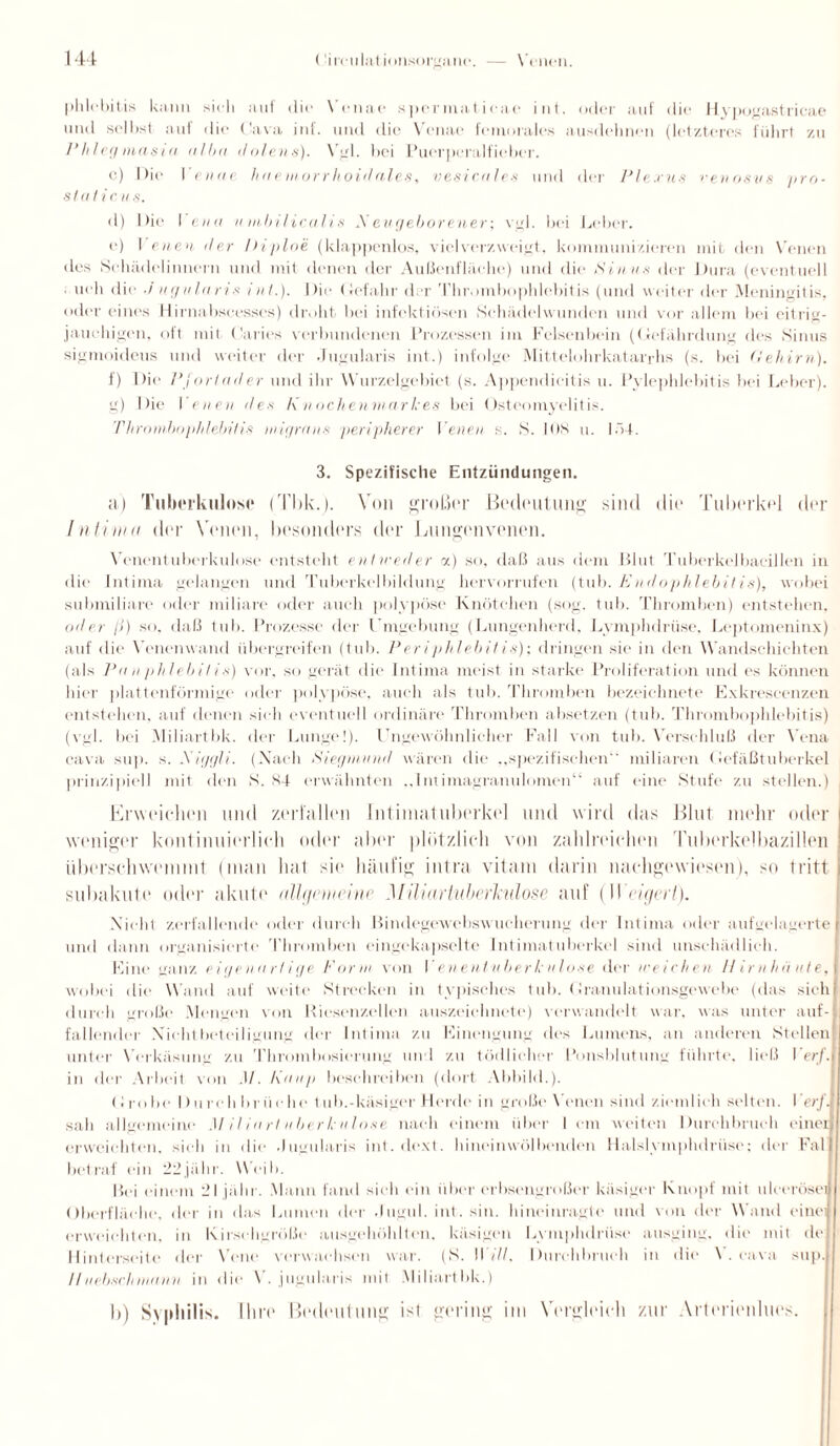 phlebitis kann sich auf die Venae spermatieae int. oder auf die Hypogastricae und seihst auf die Cava inf. und die Venae femorales ausdehnen (letzteres führt zu Phl egmast a ullxi dolens). Vgl. bei Puerperalfieber. c) Die I eii ar haemorrhoidales, vesicules und der Plexus venosus pro¬ st'uli c. U s. d) Die I ena u mbiliculis Xangeborener; vgl. bei Leber. e) I enen der Diploe (klappenlos, viel verzweigt, kommunizieren mit den Venen des Schädelinnern und mit denen der Außenfläche) und die Sinus der Dura (eventuell . ueh die J ugularis int.). Die Gefahr der Thrombophlebitis (und weiter der Meningitis, oder eines llirnabscesscs) droht bei infektiösen Schädel wunden und vor allem bei eitrig- jauchigen, oft mit. (Wies verbundenen Prozessen im Felsenbein (Gefährdung des Sinus sigmoideus und weiter der Jugularis int.) infolge Mittelohrkatarrhs (s. bei Gehirn). f) Die Pfortader und ihr Wurzelgebiet (s. Appendicitis u. Pylephlebitis bei Leber). g) Die Venen des Knochenmarkes bei Osteomyelitis. Thrombophlebitis migrans peripherer Venen s. S. 108 u. IÜ4. 3. Spezifische Entzündungen. a) Tuberkulose (Tbk,). Von großer Bedeutung sind die Tuberkel der Intima der Venen, besonders der Lungenvenen. Venentuberkulose entsteht entweder y.) so, daß aus dem Blut Tuberkelbacillen in die Intima gelangen und Tuberkel bi ldung hervorrufen (tub. E ndophlebitis), wobei submiliare oder miliare oder auch polypöse Knötchen (sog. tub. Thromben) entstehen, oder ß) so. daß tub. Prozesse der Umgebung (Lungenherd. Lymphdriise. Leptomeninx) auf <lie Venenwand übergreifen (tub. Periphlebitis); dringen sie in den Wandschichten (als Pa n phlebit is) vor. so gerät die Intima meist in starke Proliferation und es können hier plattenförmige oder polypöse, auch als tub. Thromben bezeichnete Exkrescenzen entstehen, auf denen sich eventuell ordinäre Thromben absetzen (tub. Thrombophlebitis) (vgl. bei Miliartbk. der Lunge!). Ungewöhnlicher Fall von tub. Verschluß der Vena cava su]». s. Xiggli. (Aach Siegmund wären die „spezifischen miliaren Gefäßtuberkel prinzipiell mit den S. 84 erwähnten ..Intimagranulomen“ auf eine Stufe zu stellen.) Erweichen und zerfallen Intimatnberkel und wird das Blut mehr oder weniger kontinuierlich oder aber plötzlich von zahlreichen Tuberkelbazillen überschwemmt (man hat sie häufig iutra vitam darin uachgewiesen), so tritt subakute oder akute alU/p-meine Miliartuberkulose auf (Weigert). Nicht zerfallende oder durch Bindegewebswucherung der Intima oder aufgelagerte und dann organisierte Thromben eingekapselte Intimatuberkel sind unschädlich. Eine ganz eigenartige Form von Venentuberkulose der me iahen Hirn haute, wobei die Wand auf weite Strecken in typisches tub. Granulationsgewebe (das sich durch große Mengen von Riesenzellen auszeichnete) verwandelt war, was unter auf¬ fallender Xichtbeteiligung der Intima zu Einengung des Lumens, an anderen Stellen unter Verkäsung zu Thrombosierung und zu tödlicher Bonsblutung führte, ließ Verf. in der Arbeit von .1/. Kaup beschreiben (dort Abbild.). Grobe Durchbrüche 1 ub.-käsiger Herde in große Venen sind ziemlich selten. Verf. sah allgemeine Miliartuberkulose nach einem über I cm weiten Durchbruch einer erweichten, sich in die .Jugularis int.dext. hinein wölbenden Halslymphdriise; der Fal betraf ein 22jähr. Weib. Bei einem 21 jälir. Mann fand sich ein über erbsengroßer käsiger Knopf mit uleerösei Oberfläche, der in das Lumen der .fugul. int. sin. hineinragte und von der Wand eine» erweichten, in Kirschgroße ausgehöhlten, käsigen Lymphdriise ausging, die mit de Hinterseite der Vene verwachsen war. (S. II’///. Durchbruch in die V. cava sup. ITuebschmann in die \ . jugularis mit Miliartbk.) b) Syphilis. Ilm» Bedeutung ist gering im Vergleich zur Arterienlues.