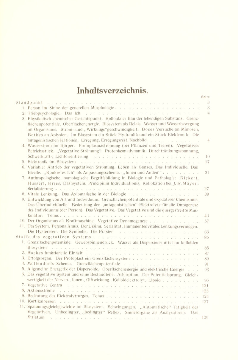 Inhaltsverzeichnis. Seite S t .1 lul p 1111 k t . 1. Person im Sinne der generellen Morphologie. S 2. rriebpsychologie. Das Ich . 4 d. Physikalisch-chemischer Gesichtspunkt. Kolloidaler Ban der lebendigen Substanz, (ireiiz- flächenpotentiale. Oberflachenenergie. tiiosystem als Relais. Wasser und Wasserbewegimg im Organismus. Strom- und ,,Wirkuiigs'‘geschwindigkeit. Böses Versuche an Mimosen, Bet lies an Aplysien. Im Biosystem ein Stück Hydraulik und ein Stück Blektronik. Die antagonistischen Kationen. Erregung, Erregungsrest, Nachbild. 4 4. Wasserstrom im Körper. Protoplasmaströmung (bei Pflanzen und Tieren). Vegetatives Betriebsstlick. ,,Vegetative Strömung. Protoplasmadynamik. Durchtrankungsspannung, Schwerkraft-, Lichtorientierung . In ■ö. Elektronik im Biosystem . 17 (). Variabler Antrieb der vegetativen Strömung. Leben als Ganzes. Das Individuelle. Das Ideelle. ,,Konkretes Ich als Anpassungsschema. ,, Innen und Außen. 21 7. .Anthropologische, nomologische Begriffsbildung in Biologie und f-’athologie: F?ickert, Husserl, Kries. Das System. Principium Individiiationis. Kollokation bei J. R. Mayer; Serialisierung. 27 5. Vitale Lenkung. Das Axiomalische in der Biologie. 3b 0. Entwicklung von Art und Individuum. Grenzflächenpotentiale und o.xydativer Chemismus. Das Überindividuelle. Bedeutung der ,,antagonistischen“ Elektrolyte für die Ontogenese des Individuums (der Person). Das Vegetative. Das Vegetative und die quergestreifte Mus¬ kulatur. Tonus. 40 10. Der Organismus als Kraftmaschine. Vegetative Dynamogenese. 57 11. DasSystem. Personalismus. DerUrsinn. Serialität. Immanentes vitales Lenkiingsvermügen. Die Hysteresen. Die Symbolie. Die Praxien . 03 Statik des vegetativen Systems. 35 1. Grenzflächenpotentiale. Gewebsbimieiidruck. Wasser als Dispersionsmittel im kolloiden Biosystem . 85 2. Boekes funktionelie Einheit. 87 3. Erfolgsorgan. Der Protoplast ein Grenzflächensystem. 89 4. .Möllendorfs Schema. Grenzflächenpotentiale. 91 5. Allgemeine Energetik der Dispersoide. Oberflächenenergie und elektrische Energie . . . 93 0. Das vegetative System und seine Bestandteile. Adsorption. Der Potentialsprung. Gleich¬ wertigkeit der Nerven-, Ionen-, (Jiftwirkung. KolloidelekIrolyt. Lipoid. fiO 7. Vegetative Centra .121 S. Aktionsströme .123 9. Bedeutung des Ldektrolytturgos. Tonus.124 10. Kortikalperson.127 11. Spannungsgleichgewichte im Biosystem. Schwingungen. ,,Automatische Tätigkeit des Vegetativen. Unbedingter, ,,bedingter Reflex. Sinnesorgane als Analysatoren. Das Striatum .129