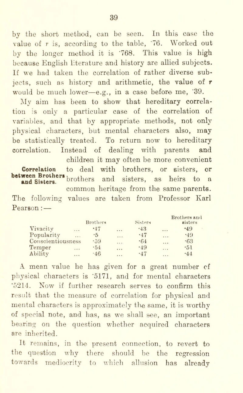 by the short method, can be seen. In this case the value of r is, according to the table, '76. Worked out by tbe longer method it is ‘768. This value is high because English literature and history are allied subjects. If we had taken the correlation of rather diverse sub¬ jects, such as history and arithmetic, the value of r would be much lower—e.g., in a case before me, ‘39. iNIy aim has been to show that hereditary correla¬ tion is only a particular case of the coiTelation of variables, and that by appropriate methods, not only physical characters, but mental characters also, may be statistically treated. To return now to hereditary correlation. Instead of dealing with parents and children it may often be more convenient Correlation to deal with brothers, or sisters, or between Brother! and Sisters. brothers and sisters. as heirs to a common heritage from the same parents. The following values are taken from Professor Karl Pearson: — Brotliprs ami Brotlii'i-s Si.stPPs Bisters Vivacity •47 •43 •49 Popularity •6 •47 •49 Conscientiousness -jU •64 •6.3 Temper *54 •49 •51 Ability ■46 •47 •44 A mean value he has given for a great number cf physical characters is '5171, and for mental characters '0214. Now if further I’esearch serves to confirm this result that the measure of correlation for physical and mental characters is approximately the same, it is worthy of special note, and has, as we shall see, an important bearing on the question whether acquired characters are inherited. It remains, in the present connection, to revert to the question wliy there should he the regression towards mediocrity to which allusion has already