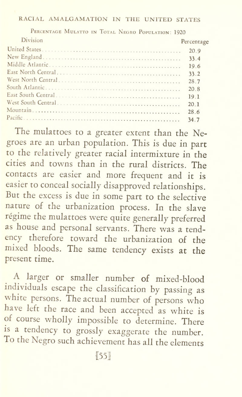 Percentage Mulatto in Total Negro Population: 1920 Division Percentage United States. 20 9 New England. 33 ^ Middle Atlantic. 29 6 East North Central. 33 2 West North Central. 28 7 South Atlantic. 20 8 East South Central. 29 2 West South Central. 20 1 Mountain. 28 6 Pacific. -lA 7 The mulattoes to a greater extent than the Ne¬ groes are an urban population. This is due in part to the relatively greater racial intermixture in the cities and towns than in the rural districts. The contacts are easier and more frequent and it is easier to conceal socially disapproved relationships. But the excess is due in some part to the selective nature of the urbanization process. In the slave regime the mulattoes were quite generally preferred as house and personal servants. There was a tend¬ ency therefore toward the urbanization of the mixed bloods. The same tendency exists at the present time. A larger or smaller number of mixed-blood individuals escape the classification by passing as white persons. The actual number of persons who have left the race and been accepted as white is of course wholly impossible to determine. There is a tendency to grossly exaggerate the number. To the Negro such achievement has all the elements 1551}