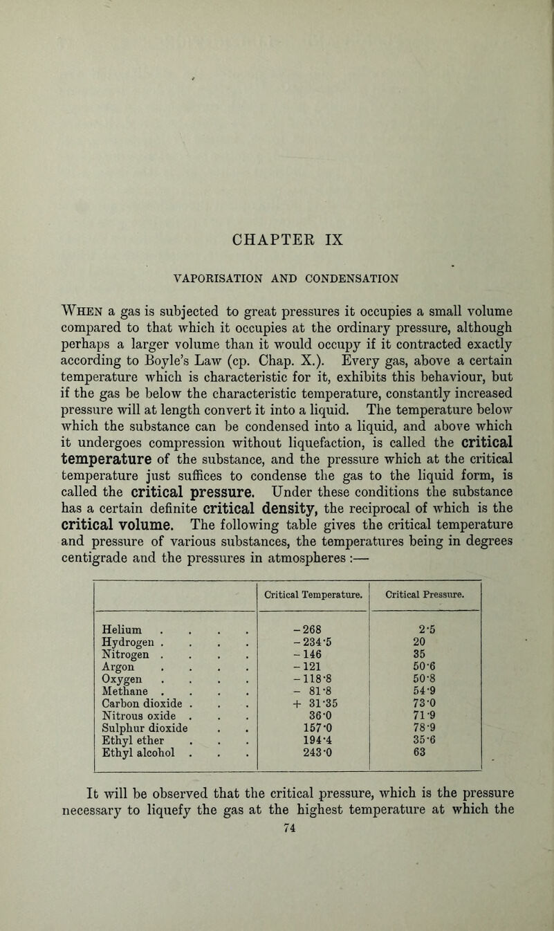 CHAPTER IX VAPORISATION AND CONDENSATION When a gas is subjected to great pressures it occupies a small volume compared to that which it occupies at the ordinary pressure, although perhaps a larger volume than it would occupy if it contracted exactly according to Boyle’s Law (cp. Chap. X.). Every gas, above a certain temperature which is characteristic for it, exhibits this behaviour, but if the gas be below the characteristic temperature, constantly increased pressure will at length convert it into a liquid. The temperature below which the substance can be condensed into a liquid, and above which it undergoes compression without liquefaction, is called the critical temperature of the substance, and the pressure which at the critical temperature just suffices to condense the gas to the liquid form, is called the critical pressure. Under these conditions the substance has a certain definite critical density, the reciprocal of which is the critical volume. The following table gives the critical temperature and pressure of various substances, the temperatures being in degrees centigrade and the pressures in atmospheres:— Critical Temperature. Critical Pressure. Helium .... -268 2-5 Hydrogen .... -234-5 20 Nitrogen .... -146 35 Argon .... -121 50-6 Oxygen .... -118-8 50-8 Methane .... - 81-8 54-9 Carbon dioxide . + 31-35 73-0 Nitrous oxide . 36-0 71-9 Sulphur dioxide 157-0 78-9 Ethyl ether 194-4 35-6 Ethyl alcohol . 243-0 63 It will be observed that the critical pressure, which is the pressure necessary to liquefy the gas at the highest temperature at which the