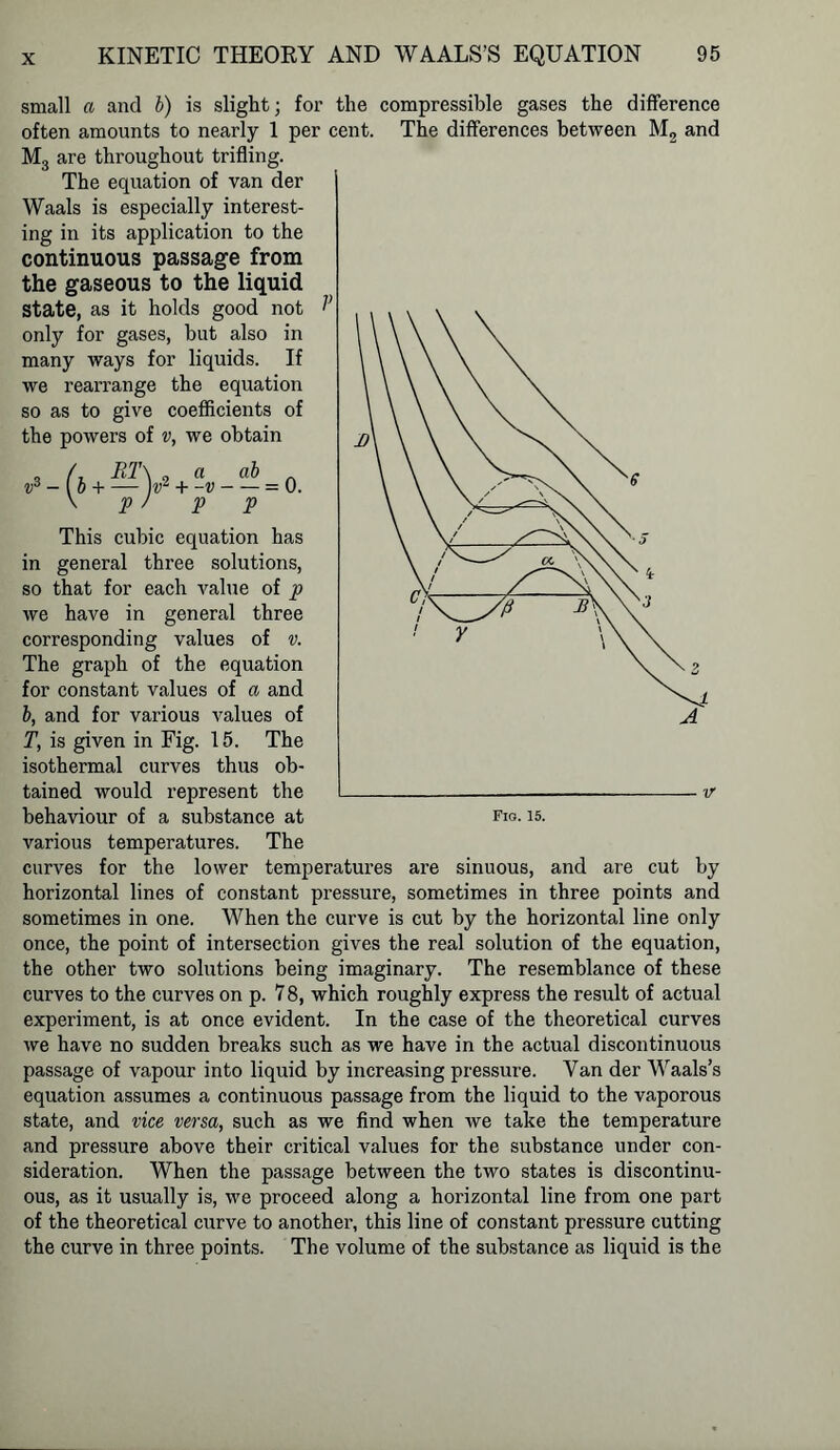 small a and b) is slight; for the compressible gases the difference often amounts to nearly 1 per cent. The differences between M2 and M3 are throughout trifling. The equation of van der Waals is especially interest- ing in its application to the continuous passage from the gaseous to the liquid M+n+A nn if l. a! fl d AAA^l AAf V This cubic equation has in general three solutions, so that for each value of p we have in general three corresponding values of v. The graph of the equation for constant values of a and b, and for various values of T, is given in Fig. 15. The isothermal curves thus ob- tained would represent the behaviour of a substance at A Fig. 15. various temperatures. The curves for the lower temperatures are sinuous, and are cut by horizontal lines of constant pressure, sometimes in three points and sometimes in one. When the curve is cut by the horizontal line only once, the point of intersection gives the real solution of the equation, the other two solutions being imaginary. The resemblance of these curves to the curves on p. 7 8, which roughly express the result of actual experiment, is at once evident. In the case of the theoretical curves we have no sudden breaks such as we have in the actual discontinuous passage of vapour into liquid by increasing pressure. Van der Waals’s equation assumes a continuous passage from the liquid to the vaporous state, and vice versa, such as we find when we take the temperature and pressure above their critical values for the substance under con- sideration. When the passage between the two states is discontinu- ous, as it usually is, we proceed along a horizontal line from one part of the theoretical curve to another, this line of constant pressure cutting the curve in three points. The volume of the substance as liquid is the