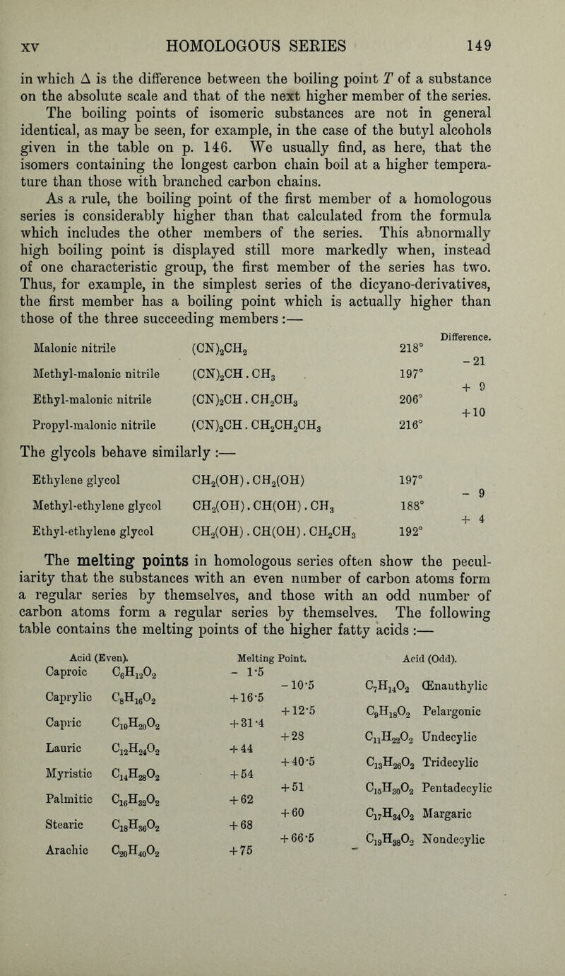 in which A is the difference between the boiling point T of a substance on the absolute scale and that of the next higher member of the series. The boiling points of isomeric substances are not in general identical, as may be seen, for example, in the case of the butyl alcohols given in the table on p. 146. We usually find, as here, that the isomers containing the longest carbon chain boil at a higher tempera- ture than those with branched carbon chains. As a rule, the boiling point of the first member of a homologous series is considerably higher than that calculated from the formula which includes the other members of the series. This abnormally high boiling point is displayed still more markedly when, instead of one characteristic group, the first member of the series has two. Thus, for example, in the simplest series of the dicyano-derivatives, the first member has a boiling point which is actually higher than those of the three succeeding members:— Malonic nitrile (CN)2CH2 218° Difference. -21 Methyl-malonic nitrile (CN)2CH. ch3 197° + 9 + 10 Ethyl-malonic nitrile (CN)2CH.CH2CH3 206° Propyl-malonic nitrile (CN)2CH. CH2CH2CH3 The glycols behave similarly :— 216° Ethylene glycol CH2(OH).CH2(OH) 197° - 9 + 4 Methyl-ethylene glycol CH2(OH).CH(OH).CH3 188° Ethyl-ethylene glycol CH2(OH). CH(OH). CH2CH3 192° The melting points in homologous series often show the pecul- iarity that the substances with an even number of carbon atoms form a regular series by themselves, and those with an odd number of carbon atoms form a regular series by themselves. The following table contains the melting points of the higher fatty acids :— Acid (Even). Melting Point. Acid (Odd). Caproic C6H1202 - 1-5 -lO'o c7h14o2 (Enauthylic Caprylic + 16-5 + 12-5 GGsG Pelargonic Capric GoGoG + 31-4 + 23 G1G22G Undecylic Laurie G2G4G + 44 + 40-5 GsGeG Tridecylic Myristic C14H2802 + 64 + 51 G5H30G Pentadecylic Palmitic Gb^GG + 62 + 60 G7^-34^2 Margaric Stearic Gs^SsG + 68 + 66-5 GsdLsG Nondccylic Arachic G'O 1 ^ loG + 75