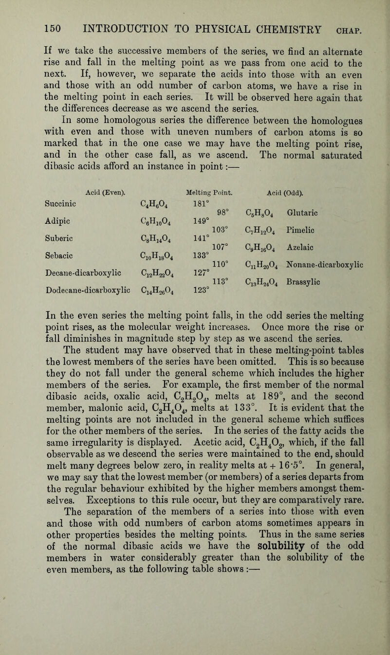 If we take the successive members of the series, we find an alternate rise and fall in the melting point as we pass from one acid to the next. If, however, we separate the acids into those with an even and those with an odd number of carbon atoms, we have a rise in the melting point in each series. It will be observed here again that the differences decrease as we ascend the series. In some homologous series the difference between the homologues with even and those with uneven numbers of carbon atoms is so marked that in the one case we may have the melting point rise, and in the other case fall, as we ascend. The normal saturated dibasic acids afford an instance in point:— Acid (Even). Melting Point. Acid (Odd). Succinic c4h6o4 181° 98° C6H„04 Glutaric Adipic tVho04 149° 103° C,.H,A Pimelic Suberic c8H14o4 141° 107° C9Hj604 Azelaic Sebacic cloEh8o4 133° 110° CuH20O4 Nonane-dicarboxylic Decane-dicarboxylic C12H2204 127° 113° C13H2404 Brassylic Dodecane-dicarboxylio f-u-ilLsCh 123° In the even series the melting point falls, in the odd series the melting point rises, as the molecular weight increases. Once more the rise or fall diminishes in magnitude step by step as we ascend the series. The student may have observed that in these melting-point tables the lowest members of the series have been omitted. This is so because they do not fall under the general scheme which includes the higher members of the series. For example, the first member of the normal dibasic acids, oxalic acid, C.2H204, melts at 189°, and the second member, malonic acid, C3H404, melts at 133°. It is evident that the melting points are not included in the general scheme which suffices for the other members of the series. In the series of the fatty acids the same irregularity is displayed. Acetic acid, C2H402, which, if the fall observable as we descend the series were maintained to the end, should melt many degrees below zero, in reality melts at + 16'5°. In general, we may say that the lowest member (or members) of a series departs from the regular behaviour exhibited by the higher members amongst them- selves. Exceptions to this rule occur, but they are comparatively rare. The separation of the members of a series into those with even and those with odd numbers of carbon atoms sometimes appears in other properties besides the melting points. Thus in the same series of the normal dibasic acids we have the solubility of the odd members in water considerably greater than the solubility of the even members, as the following table shows :—