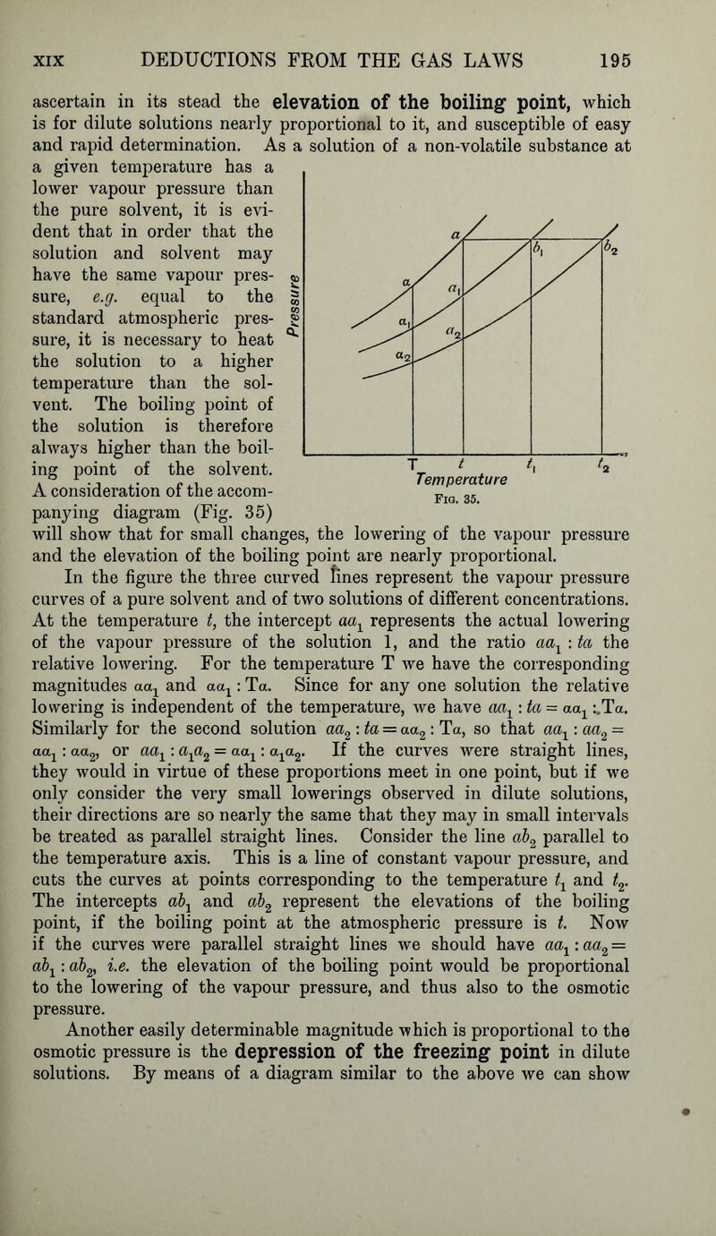 ascertain in its stead the elevation of the boiling point, which is for dilute solutions nearly proportional to it, and susceptible of easy and rapid determination. As a solution of a non-volatile substance at a given temperature has a lower vapour pressure than the pure solvent, it is evi- dent that in order that the solution and solvent may have the same vapour pres- sure, e.g. equal to the standard atmospheric pres- sure, it is necessary to heat the solution to a higher temperature than the sol- vent. The boiling point of the solution is therefore always higher than the boil- ing point of the solvent. A consideration of the accom- panying diagram (Fig. 35) will show that for small changes, the lowering of the vapour pressure and the elevation of the boiling point are nearly proportional. In the figure the three curved lines represent the vapour pressure curves of a pure solvent and of two solutions of different concentrations. At the temperature t, the intercept a«1 represents the actual lowering of the vapour pressure of the solution 1, and the ratio aa1 : ta the relative lowering. For the temperature T we have the corresponding magnitudes acq and aay: Ta. Since for any one solution the relative lowering is independent of the temperature, we have aa1: ta = aay :.Ta. Similarly for the second solution aa2 : ta = aa2: Ta, so that aa1: aa2 - aa1: aa2, or aa1: axa2 = aax: aya2. If the curves were straight lines, they would in virtue of these proportions meet in one point, but if we only consider the very small lowerings observed in dilute solutions, their directions are so nearly the same that they may in small intervals be treated as parallel straight lines. Consider the line ab2 parallel to the temperature axis. This is a line of constant vapour pressure, and cuts the curves at points corresponding to the temperature ty and t2. The intercepts abx and ab2 represent the elevations of the boiling point, if the boiling point at the atmospheric pressure is t. Now if the curves were parallel straight lines we should have aax: aa2 = aby: ab2, i.e. the elevation of the boiling point would be proportional to the lowering of the vapour pressure, and thus also to the osmotic pressure. Another easily determinable magnitude which is proportional to the osmotic pressure is the depression of the freezing point in dilute solutions. By means of a diagram similar to the above we can show
