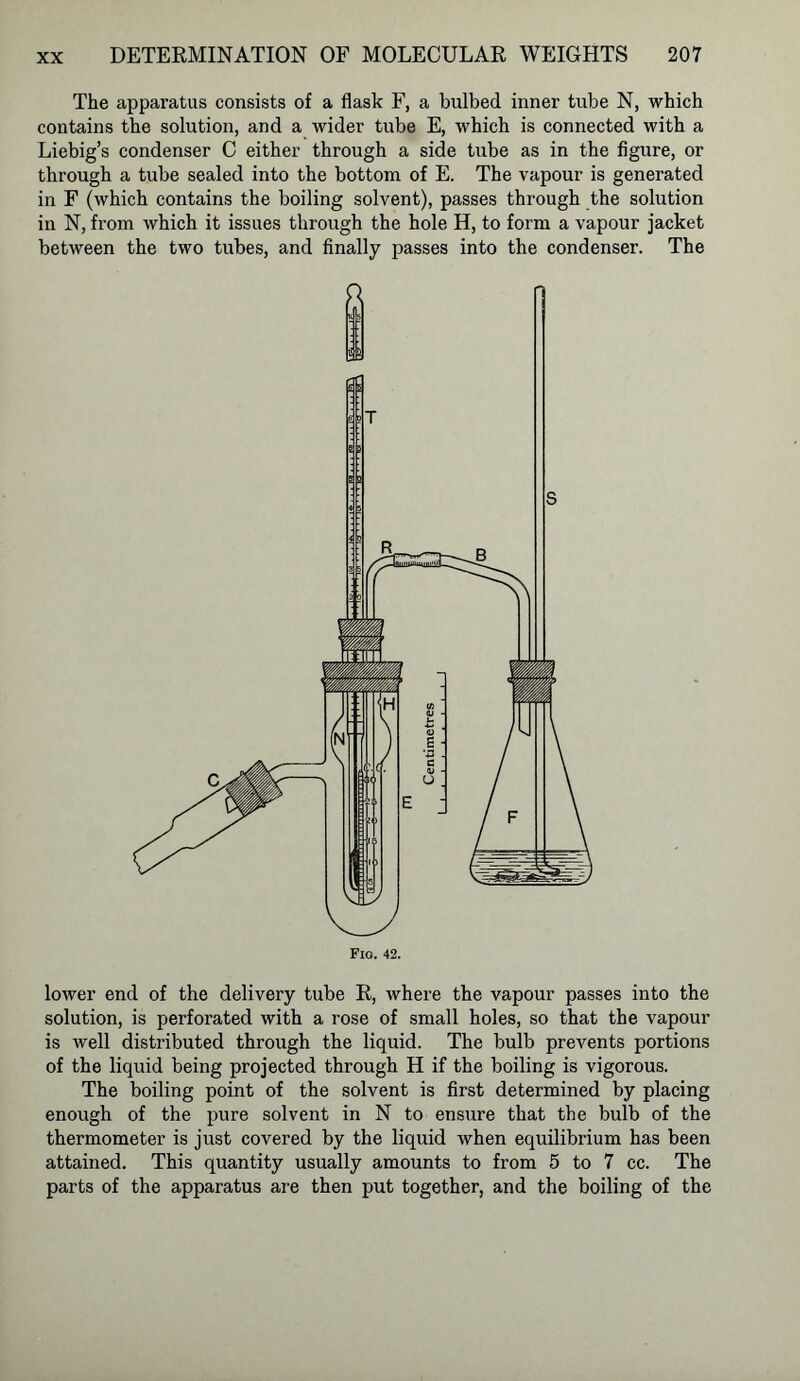 The apparatus consists of a flask F, a bulbed inner tube N, which contains the solution, and a wider tube E, which is connected with a Liebig’s condenser C either through a side tube as in the figure, or through a tube sealed into the bottom of E. The vapour is generated in F (which contains the boiling solvent), passes through the solution in N, from which it issues through the hole H, to form a vapour jacket between the two tubes, and finally passes into the condenser. The lower end of the delivery tube R, where the vapour passes into the solution, is perforated with a rose of small holes, so that the vapour is well distributed through the liquid. The bulb prevents portions of the liquid being projected through H if the boiling is vigorous. The boiling point of the solvent is first determined by placing enough of the pure solvent in N to ensure that the bulb of the thermometer is just covered by the liquid when equilibrium has been attained. This quantity usually amounts to from 5 to 7 cc. The parts of the apparatus are then put together, and the boiling of the