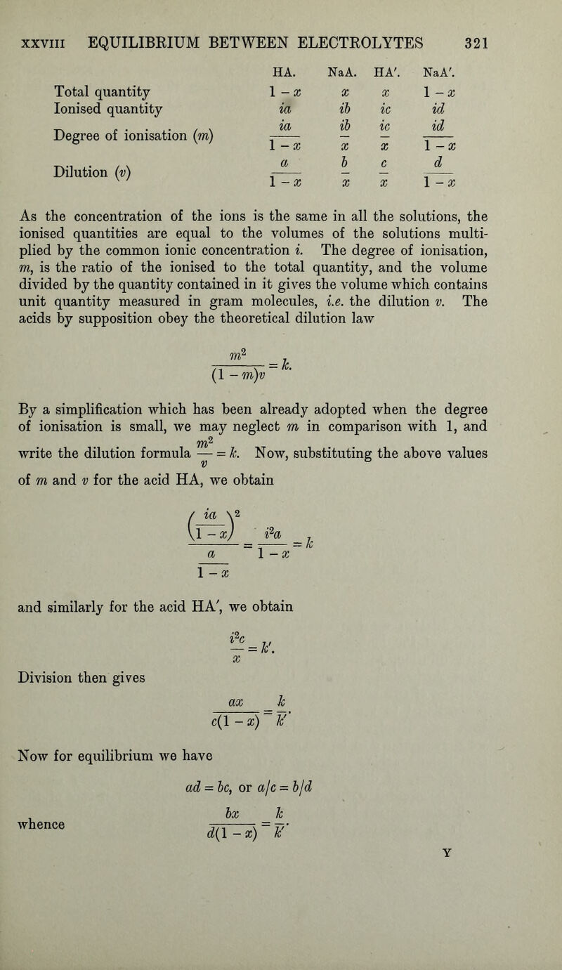 HA. NaA. HA' NaA'. Total quantity 1 - X X X 1 - X Ionised quantity ia ib ic id Degree of ionisation (m) ia l - X ib X ic X id 1 -X Dilution (v) a b c d 1 - X X X 1 - X As the concentration of the ions is the same in all l the solutions, the ionised quantities are equal to the volumes of the solutions multi- plied by the common ionic concentration i. The degree of ionisation, m, is the ratio of the ionised to the total quantity, and the volume divided by the quantity contained in it gives the volume which contains unit quantity measured in gram molecules, i.e. the dilution v. The acids by supposition obey the theoretical dilation law to2 — b (1 - m)v By a simplification which has been already adopted when the degree of ionisation is small, we may neglect m in comparison with 1, and iw? write the dilution formula — = k. Now, substituting the above values of m and v for the acid HA, we obtain 1 - x and similarly for the acid HA', we obtain Division then gives — = k'. x ax c(l - x) k' Now for equilibrium we have ad = be, or a/c = b/d bx k whence d( 1 - x) k' Y