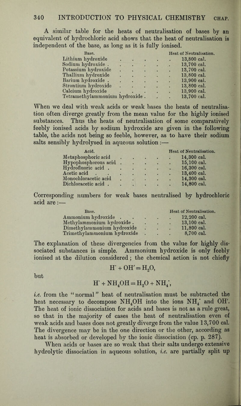 A similar table for the heats of neutralisation of bases by an equivalent of hydrochloric acid shows that the heat of neutralisation is independent of the base, as long as it is fully ionised. Base. Lithium hydroxide Sodium hydroxide . Potassium hydroxide Thallium hydroxide Barium hydroxide . Strontium hydroxide Calcium hydroxide Tetramethylammonium hydroxide Heat of Neutralisation. 13,800 cal. 13,700 cal. 13,700 cal. 13,800 cal. 13,900 cal. 13,800 cal. . 13,900 cal. 13,700 cal. When Ave deal with weak acids or weak bases the heats of neutralisa- tion often diverge greatly from the mean value for the highly ionised substances. Thus the heats of neutralisation of some comparatively feebly ionised acids by sodium hydroxide are given in the following table, the acids not being so feeble, however, as to have their sodium salts sensibly hydrolysed in aqueous solution:— Acid. Metaphosphoric acid Hypophosphorous acid Hydrofluoric acid . Acetic acid Monochloracetic acid Dichloracetic acid . Heat of Neutralisation. 14.300 cal. 15,100 cal. 16.300 cal. 13,400 cal. 14.300 cal. 14,800 cal. Corresponding numbers for weak bases neutralised by hydrochloric acid are:— Base. Ammonium hydroxide . Methylammonium hydroxide . Dimethylammonium hydroxide Trimethylammonium hydroxide Heat of Neutralisation. 12,200 cal. 13,100 cal. 11,800 cal. 8,700 cal. The explanation of these divergencies from the value for highly dis- sociated substances is simple. Ammonium hydroxide is only feebly ionised at the dilution considered; the chemical action is not chiefly H‘ + OH' = H20, but h+nh4oh = h2o + nh;, i.e. from the “ normal ” heat of neutralisation must be subtracted the heat necessary to decompose NH4OH into the ions NH4‘ and OH'. The heat of ionic dissociation for acids and bases is not as a rule great, so that in the majority of cases the heat of neutralisation even of weak acids and bases does not greatly diverge from the value 13,700 cal. The divergence may be in the one direction or the other, according as heat is absorbed or developed by the ionic dissociation (cp. p. 287). AVhen acids or bases are so weak that their salts undergo extensive hydrolytic dissociation in aqueous solution, i.e. are partially split up