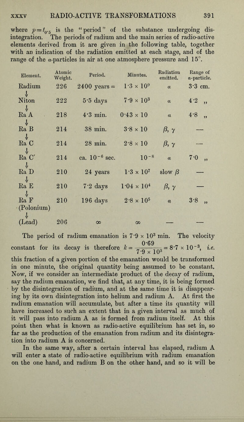 where ^ = ^0-5 is the “period” of the substance undergoing dis- integration. The periods of radium and the main series of radio-active elements derived from it are given in the following table, together with an indication of the radiation emitted at each stage, and of the range of the a-particles in air at one atmosphere pressure and 15°. Element. Atomic Weight. Period. Minutes. Radiation emitted. Range of a-particle. Radium Niton l Ra A Ra B Ra C l Ra C' l Ra D i 226 2400 years = 1-3 x 109 a 3‘3 cm. 222 5 ’5 days 7-9 x 103 a 42 „ 218 4‘3 min. 0-43 x 10 a 4-8 „ 214 38 min. 3-8 x 10 A 7 — 214 28 min. 2‘8 x 10 A 7 «#■ 214 ca. 10 ~6 sec. io-« a 7-0 „ 210 24 years 1-3 x 107 slow (3 — V Ra E i Ra F 210 7-2 days o I—1 X •rh p r—1 A 7 H1 210 196 days 2*8 x 105 a 3-8 „ (Polonium) (Lead) 206 co CO — — The period of radium emanation is 7‘9 x 103 min. The velocity constant for its decay is therefore k= j.q ^^q~3 = ^'7 * 10~8’ ke. this fraction of a given portion of the emanation would be transformed in one minute, the original quantity being assumed to be constant. Now, if we consider an intermediate product of the decay of radium, say the radium emanation, we find that, at any time, it is being formed by the disintegration of radium, and at the same time it is disappear- ing by its own disintegration into helium and radium A. At first the radium emanation will accumulate, but after a time its quantity will have increased to such an extent that in a given interval as much of it will pass into radium A as is formed from radium itself. At this point then what is known as radio-active equilibrium has set in, so far as the production of the emanation from radium and its disintegra- tion into radium A is concerned. In the same way, after a certain interval has elapsed, radium A will enter a state of radio-active equilibrium with radium emanation on the one hand, and radium B on the other hand, and so it will be