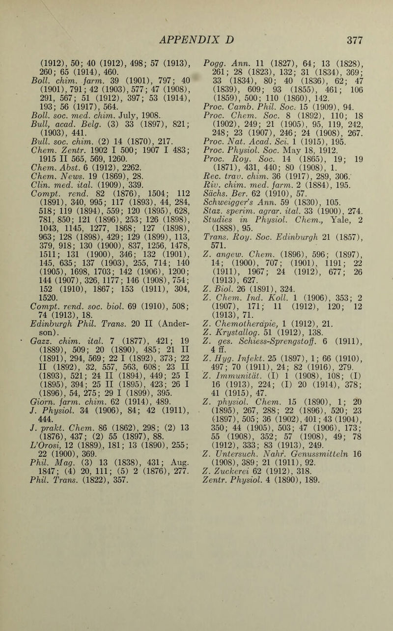 (1912), 50; 40 (1912), 498; 57 (1913), 260; 65 (1914), 460. Boll. chim. jarm. 39 (1901), 797; 40 (1901), 791; 42 (1903), 577; 47 (1908), 291, 567; 51 (1912), 397; 53 (1914), 193; 56 (1917), 564. Boll. soc. mod. chim. July, 1908. Bull, acad. Belg. (3) 33 (1897), 821; (1903), 441. Bull. soc. chim. (2) 14 (1870), 217. Chem. Zentr. 1902 I 500; 1907 I 483; 1915 II 565, 569, 1260. Chem. Abst. 6 (1912), 2262. Chem. News. 19 (1869), 28. Clin. med. ital. (1909), 339. Compt. rend. 82 (1876), 1504; 112 (1891), 340, 995; 117 (1893), 44, 284, 518; 119 (1894), 559; 120 (1895), 628, 781, 850; 121 (1896), 253; 126 (1898), 1043, 1145, 1277, 1868; 127 (1898), 963; 128 (1898), 429; 129 (1899), 113, 379, 918; 130 (1900), 837, 1256, 1478, 1511; 131 (1900), 346; 132 (1901), 145, 635; 137 (1903), 255, 714; 140 (1905), 1698, 1703; 142 (1906), 1200; 144 (1907), 326, 1177; 146 (1908), 754; 152 (1910), 1867; 153 (1911), 304, 1520. Compt. rend. soc. biol. 69 (1910), 508; 74 (1913), 18. Edinburgh Phil. Trans. 20 II (Ander- son). Gazz. chim. ital. 7 (1877), 421; 19 (1889), 509; 20 (1890), 485; 21 II (1891), 294, 569; 22 I (1892), 373; 22 II (1892), 32, 557, 563, 608; 23 II (1893), 521; 24 II (1894), 449; 25 I (1895), 394; 25 II (1895), 423; 26 I (1896), 54, 275; 29 I (1899), 395. Giorn. farm. chim. 62 (1914), 489. J. Physiol. 34 (1906), 84 ; 42 (1911), 444. J. prakt. Chem. 86 (1862), 298; (2) 13 (1876), 437; (2) 55 (1897), 88. L’Orosi, 12 (1889), 181; 13 (1890), 255; 22 (1900), 369. Phil. Mag. (3) 13 (1838), 431; Aug. 1847; (4) 20, 111; (5) 2 (1876), 277. Phil. Trans. (1822), 357. Pogg. Ann. 11 (1827), 64; 13 (1828), 261; 28 (1823), 132; 31 (1834), 369; 33 (1834), 80; 40 (1836), 62; 47 (1839), 609; 93 (1855), 461; 106 (1859), 500; 110 (1860), 142. Proc. Camb. Phil. Soc. 15 (1909), 94. Proc. Chem. Soc. 8 (1892), 110; 18 (1902), 249; 21 (1905), 95, 119, 242, 248; 23 (1907), 246; 24 (1908), 267. Proc. Nat. Acad. Sci. 1 (1915), 195. Proc. Physiol. Soc. May 18, 1912. Proc. Roy. Soc. 14 (1865), 19; 19 (1871), 431, 440; 80 (1908), 1. Rec. trav. chim. 36 (1917), 289, 306. Riu. chim. med. farm. 2 (1884), 195. Sachs. Ber. 62 (1910), 57. SchweiggePs Ann. 59 (1830), 105. Staz. sperim. agrar. ital. 33 (1900), 274. Studies in Physiol. Chem., Yale, 2 (1888), 95. Trans. Roy. Soc. Edinburgh 21 (1857), 571. Z. angew. Chem. (1896), 596; (1897), 14; (1900), 707; (1901), 1191; 22 (1911), 1967; 24 (1912), 677; 26 (1913), 627. Z. Biol. 26 (1891), 324. Z. Chem. Ind. Roll. 1 (1906), 353; 2 (1907), 171; 11 (1912), 120; 12 (1913), 71. Z. Chemotherdpie, 1 (1912), 21. Z. Krystallog. 51 (1912), 138. Z. ges. Schiess-Sprengstoff. 6 (1911), 4 ff. Z. Hyg. Infekt. 25 (1897), 1; 66 (1910), 497; 70 (1911), 24; 82 (1916), 279. Z. Immunitat. (I) 1 (1908), 108; (I) 16 (1913), 224; (I) 20 (1914), 378; 41 (1915), 47. Z. physiol. Chem. 15 (1890), 1; 20 (1895), 267, 288; 22 (1896), 520; 23 (1897), 505; 36 (1902), 401; 43 (1904), 350; 44 (1905), 503; 47 (1906), 173; 55 (1908), 352; 57 (1908), 49; 78 (1912), 333; 83 (1913), 249. Z. Untersuch. Nahr. Genussmitteln 16 (1908), 389 ; 21 (1911), 92. Z. Zuckerei 62 (1912), 318. Zentr. Physiol. 4 (1890), 189.