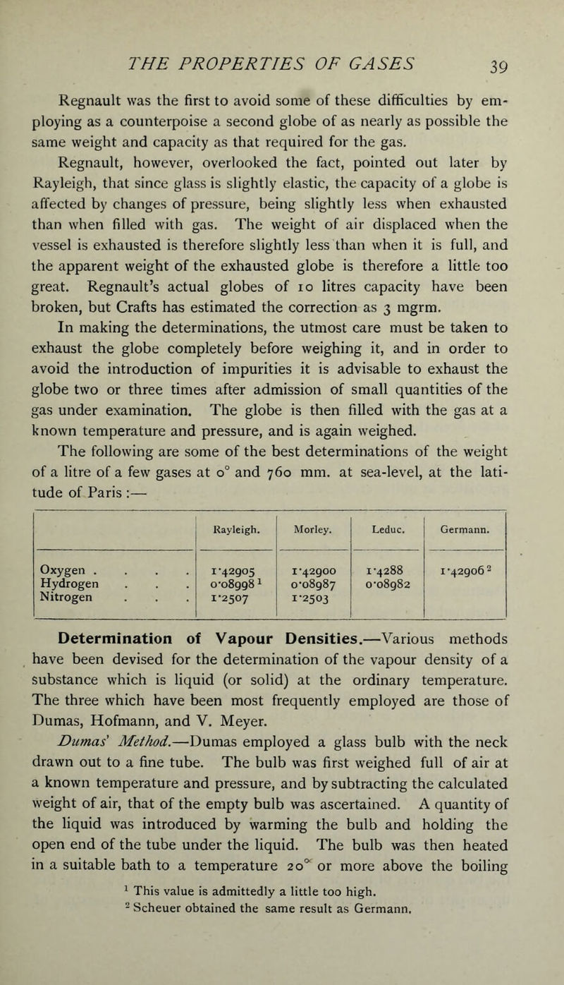 Regnault was the first to avoid some of these difficulties by em- ploying as a counterpoise a second globe of as nearly as possible the same weight and capacity as that required for the gas. Regnault, however, overlooked the fact, pointed out later by Rayleigh, that since glass is slightly elastic, the capacity of a globe is affected by changes of pressure, being slightly less when exhausted than when filled with gas. The weight of air displaced when the vessel is exhausted is therefore slightly less than when it is full, and the apparent weight of the exhausted globe is therefore a little too great. Regnault’s actual globes of io litres capacity have been broken, but Crafts has estimated the correction as 3 mgrm. In making the determinations, the utmost care must be taken to exhaust the globe completely before weighing it, and in order to avoid the introduction of impurities it is advisable to exhaust the globe two or three times after admission of small quantities of the gas under examination. The globe is then filled with the gas at a known temperature and pressure, and is again weighed. The following are some of the best determinations of the weight of a litre of a few gases at o° and 760 mm. at sea-level, at the lati- tude of Paris:— Rayleigh. Morley. Leduc. Germann. Oxygen .... 1-42905 1*42900 1-4288 1-42906 2 Hydrogen 0-089981 0-08987 0-08982 Nitrogen 1*2507 1-2503 Determination of Vapour Densities.—Various methods have been devised for the determination of the vapour density of a substance which is liquid (or solid) at the ordinary temperature. The three which have been most frequently employed are those of Dumas, Hofmann, and V. Meyer. Dumas' Method.—Dumas employed a glass bulb with the neck drawn out to a fine tube. The bulb was first weighed full of air at a known temperature and pressure, and by subtracting the calculated weight of air, that of the empty bulb was ascertained. A quantity of the liquid was introduced by warming the bulb and holding the open end of the tube under the liquid. The bulb was then heated in a suitable bath to a temperature 2 o'* or more above the boiling 1 This value is admittedly a little too high. 2 Scheuer obtained the same result as Germann.