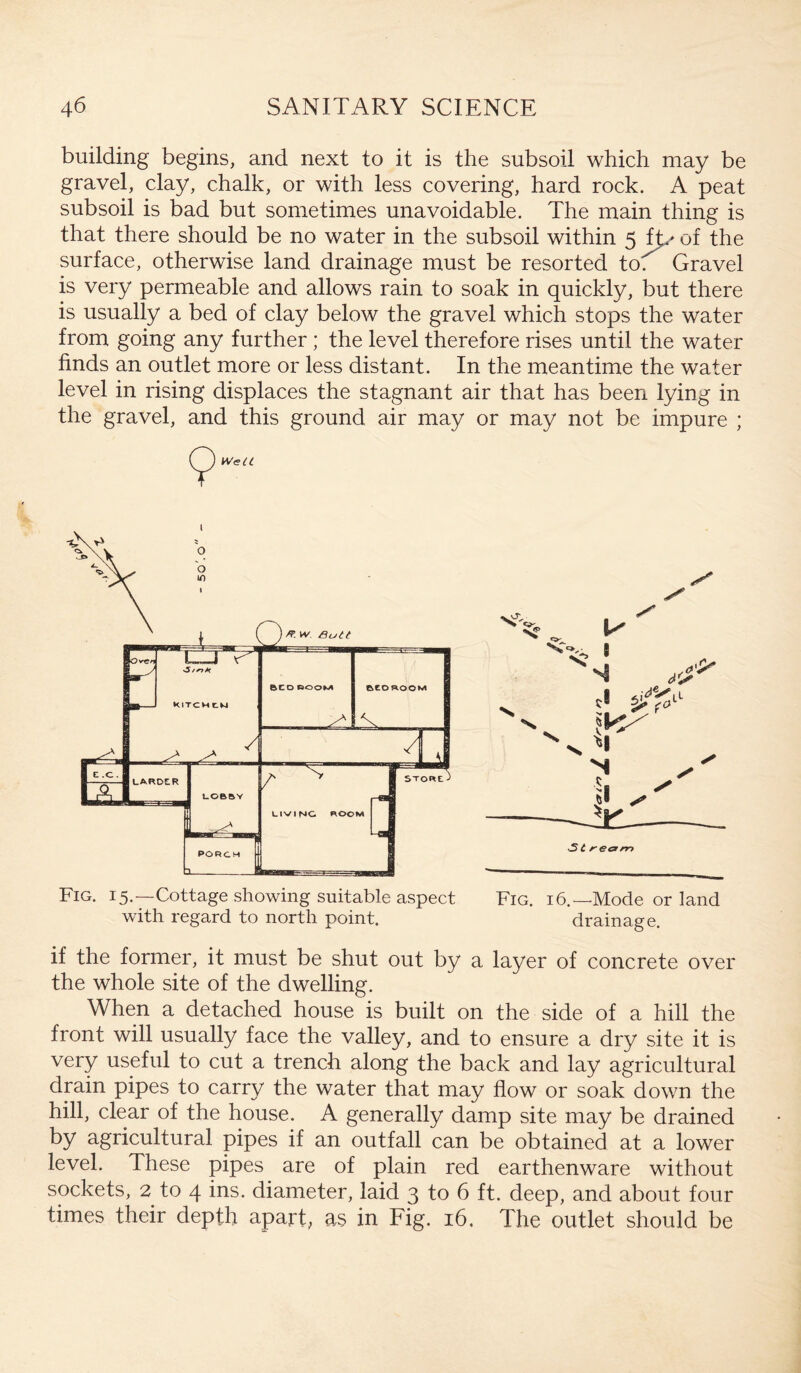 building begins, and next to it is the subsoil which may be gravel, clay, chalk, or with less covering, hard rock. A peat subsoil is bad but sometimes unavoidable. The main thing is that there should be no water in the subsoil within 5 ft.' of the surface, otherwise land drainage must be resorted toC Gravel is very permeable and allows rain to soak in quickly, but there is usually a bed of clay below the gravel which stops the water from going any further ; the level therefore rises until the water finds an outlet more or less distant. In the meantime the water level in rising displaces the stagnant air that has been lying in the gravel, and this ground air may or may not be impure ; 9 Fig. 15.—Cottage showing suitable aspect Fig. 16.—Mode or land with regard to north point. drainage. if the former, it must be shut out by a layer of concrete over the whole site of the dwelling. When a detached house is built on the side of a hill the front will usually face the valley, and to ensure a dry site it is very useful to cut a trench along the back and lay agricultural drain pipes to carry the water that may flow or soak down the hill, clear of the house. A generally damp site may be drained by agricultural pipes if an outfall can be obtained at a lower level. These pipes are of plain red earthenware without sockets, 2 to 4 ins. diameter, laid 3 to 6 ft. deep, and about four times their depth apart, as in Fig. 16. The outlet should be