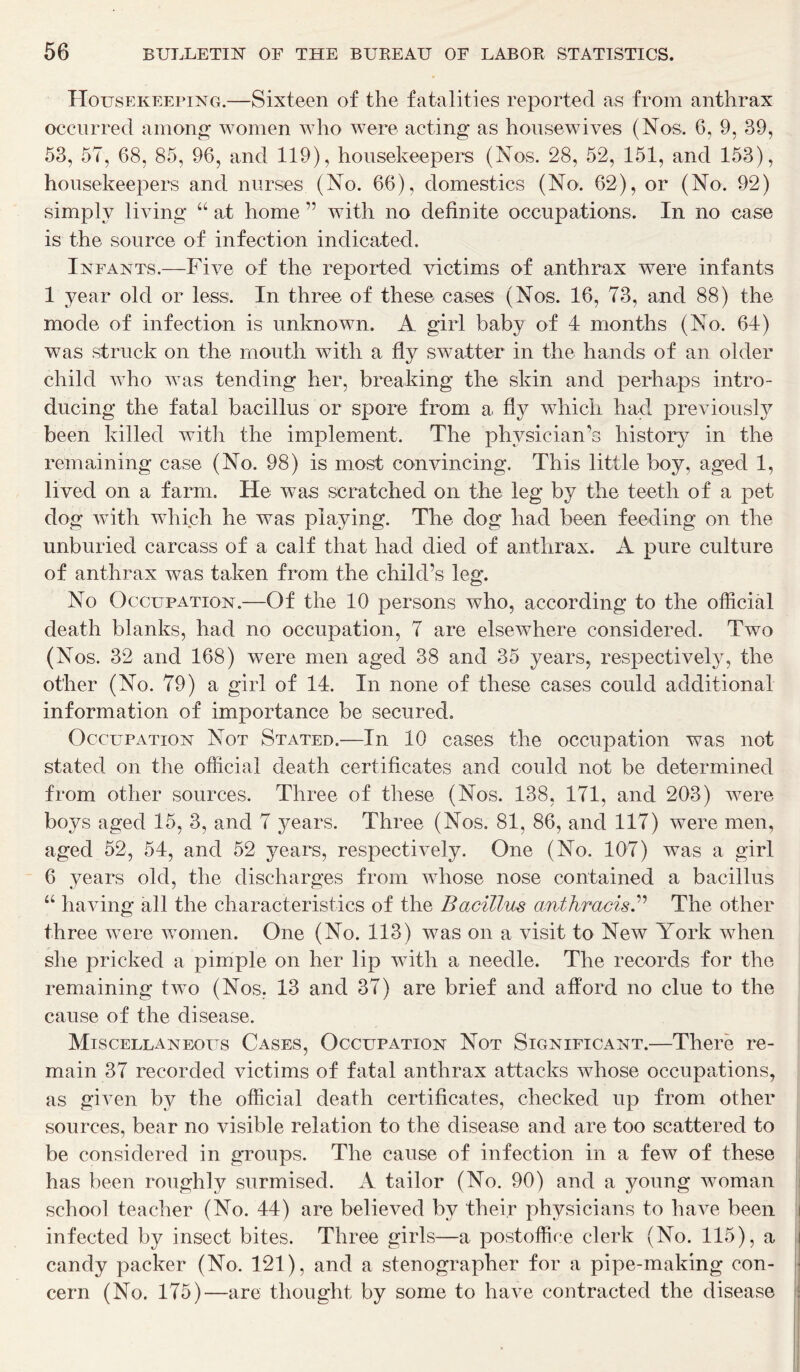 Housekeeping.—Sixteen of the fatalities reported as from anthrax occurred among women who were acting as housewives (Nos. 6, 9, 39, 53, 57, 68, 85, 96, and 119), housekeepers (Nos. 28, 52, 151, and 153), housekeepers and nurses (No. 66), domestics (No. 62), or (No. 92) simply living “ at home ” with no definite occupations. In no case is the source of infection indicated. Infants.—Five of the reported victims of anthrax were infants 1 year old or less. In three of these cases (Nos. 16, 73, and 88) the mode of infection is unknown. A girl baby of 4 months (No. 64) was struck on the mouth with a fly swatter in the hands of an older child who was tending her, breaking the skin and perhaps intro- ducing the fatal bacillus or spore from a fly which had previously been killed with the implement. The physician’s history in the remaining case (No. 98) is most convincing. This little boy, aged 1, lived on a farm. He was scratched on the leg by the teeth of a pet dog with which he was playing. The dog had been feeding on the unburied carcass of a calf that had died of anthrax. A pure culture of anthrax was taken from the child’s leg. No Occupation.—Of the 10 persons who, according to the official death blanks, had no occupation, 7 are elsewhere considered. Two (Nos. 32 and 168) were men aged 38 and 35 years, respectively, the other (No. 79) a girl of 14. In none of these cases could additional information of importance be secured. Occupation Not Stated.—In 10 cases the occupation was not stated on the official death certificates and could not be determined from other sources. Three of these (Nos. 138, 171, and 203) were boys aged 15, 3, and 7 years. Three (Nos. 81, 86, and 117) were men, aged 52, 54, and 52 years, respectively. One (No. 107) was a girl 6 years old, the discharges from whose nose contained a bacillus “ having all the characteristics of the Bacillus anthracisB The other three were women. One (No. 113) was on a visit to New York when she pricked a pimple on her lip with a needle. The records for the remaining two (Nos. 13 and 37) are brief and afford no clue to the cause of the disease. Miscellaneous Cases, Occupation Not Significant.—There re- main 37 recorded victims of fatal anthrax attacks whose occupations, as given by the official death certificates, checked up from other sources, bear no visible relation to the disease and are too scattered to be considered in groups. The cause of infection in a few of these has been roughly surmised. A tailor (No. 90) and a young woman school teacher (No. 44) are believed b}^ their physicians to have been infected by insect bites. Three girls—a postoffice clerk (No. 115), a candy packer (No. 121), and a stenographer for a pipe-making con- cern (No. 175)—are thought by some to have contracted the disease