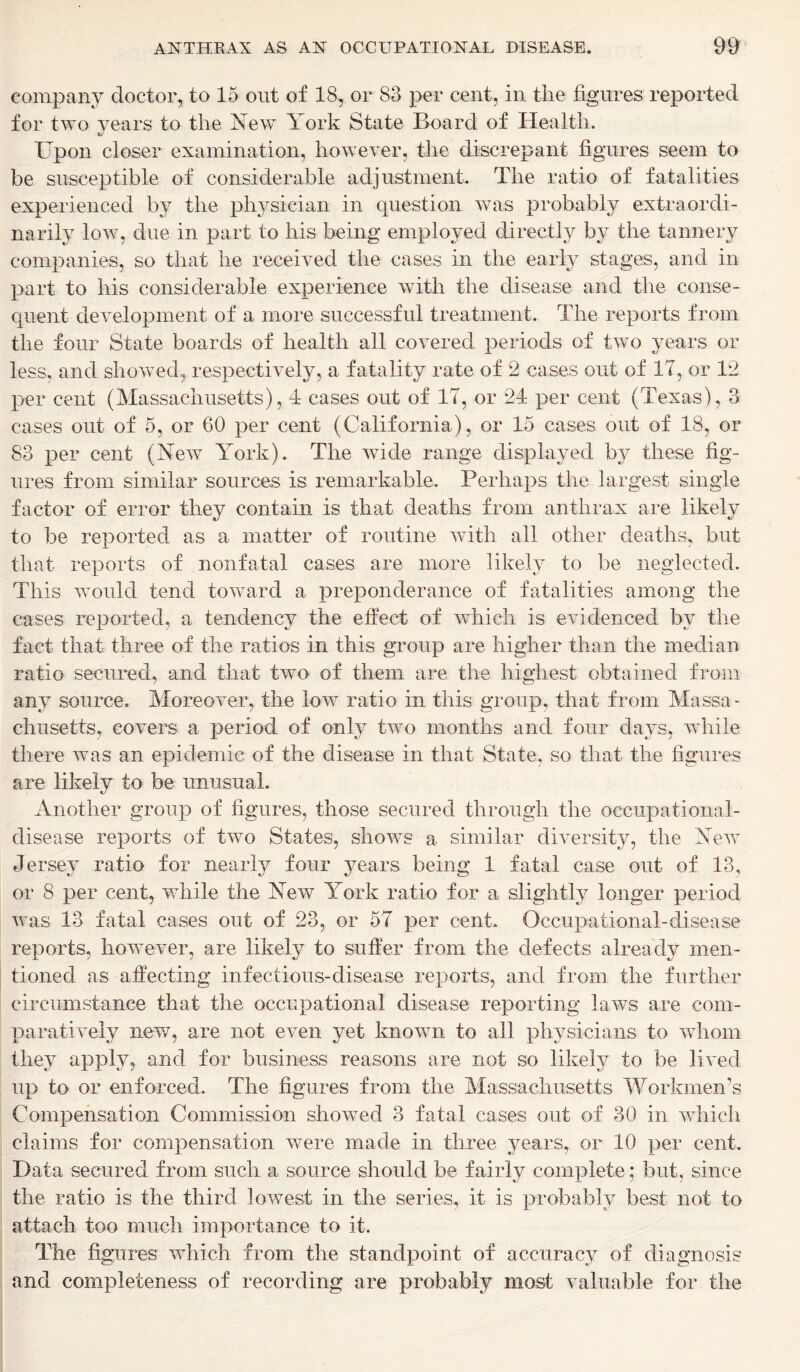 company doctor, to 15 out of 18, or 83 per cent, in the figures reported for two years to the New York State Board of Health. Upon closer examination, however, the discrepant figures seem to be susceptible of considerable adjustment. The ratio of fatalities experienced by the physician in question was probably extraordi- narily low, due in part to his being employed directly by the tannery companies, so that he received the cases in the early stages, and in part to his considerable experience with the disease and the conse- quent development of a more successful treatment. The reports from the four State boards of health all covered periods of two years or less, and showed, respectively, a fatality rate of 2 cases out of 17, or 12 per cent (Massachusetts), 4 cases out of 17, or 24 per cent (Texas), 3 cases out of 5, or 60 per cent (California), or 15 cases out of 18, or 83 per cent (New York). The wide range displayed by these fig- ures from similar sources is remarkable. Perhaps the largest single factor of error they contain is that deaths from anthrax are likely to be reported as a matter of routine with all other deaths, but that reports of nonfatal cases are more likely to be neglected. This would tend toward a preponderance of fatalities among the cases reported, a tendency the effect of which is evidenced by the fact that three of the ratios in this group are higher than the median ratio secured, and that two of them are the highest obtained from any source. Moreover, the low ratio in this group, that from Massa- chusetts, covers a period of only two months and four days, while there was an epidemic of the disease in that State, so that the figures are likely to be unusual. Another group of figures, those secured through the occupational- disease reports of two States, shows a similar diversity, the New Jersey ratio for nearly four years being 1 fatal case out of 13, or 8 per cent, while the New York ratio for a slightly longer period was 13 fatal cases out of 23, or 57 per cent. Occupational-disease reports, however, are likely to suffer from the defects already men- tioned as affecting infectious-disease reports, and from the further circumstance that the occupational disease reporting laws are com- paratively new, are not even yet known to all physicians to whom they apply, and for business reasons are not so likely to be lived up to or enforced. The figures from the Massachusetts Workmen’s Compensation Commission showed 3 fatal cases out of 30 in which claims for compensation were made in three years, or 10 per cent. Data secured from such a source should be fairly complete; but, since the ratio is the third lowest in the series, it is probably best not to attach too much importance to it. The figures which from the standpoint of accuracy of diagnosis and completeness of recording are probably most valuable for the