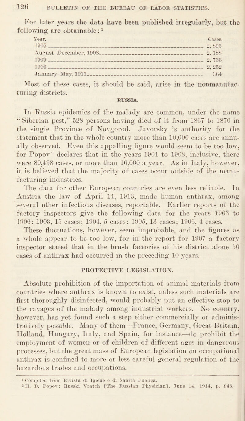 For later years the data have been published irregularly, but the following are obtainable:1 Year. Cases. 1905 2, 893 August-December, 1908 2,18S 1909 2, 736 1910 2,252 January- May, 1911 364 Most of these cases, it should be said, arise in the nonmanufac- turing districts. RUSSIA. In Russia epidemics of the malady are common, under the name “ Siberian pest,’’ 528 persons having died of it from 1867 to 1870 in the single Province of Novgorod. Javorsky is authority for the statement that in the whole country more than 10,000 cases are annu- ally observed. Even this appalling figure would seem to be too low, for Popov 2 declares that in the years 1904 to 1908, inclusive, there were 80,498 cases, or more than 16,000 a year. As in Italy, however, it is believed that the majority of cases occur outside of the manu- facturing industries. The data for other European countries are even less reliable. In Austria the law of April 14, 1913, made human anthrax, among several other infectious diseases, reportable. Earlier reports of the factory inspectors give the following data for the years 1903 to 1906: 1903, 15 cases; 1904, 5 cases; 1905, 13 cases; 1906, 4 cases. These fluctuations, however, seem improbable, and the figures as a whole appear to be too low, for in the report for 1907 a factory inspector stated that in the brush factories of his district alone 50 cases of anthrax had occurred in the preceding 10 years. PROTECTIVE LEGISLATION. Absolute prohibition of the importation of animal materials from countries where anthrax is known to exist, unless such materials are first thoroughly disinfected, would probably put an effective stop to the ravages of the malady among industrial workers. No country, however, has yet found such a step either commercially or adminis- tratively possible. Many of them—France, Germany, Great Britain, Holland, Hungary, Italy, and Spain, for instance—do prohibit the employment of women or of children of different ages in dangerous processes, but the great mass of European legislation on occupational anthrax is confined to more or less careful general regulation of the hazardous trades and occupations. 1 Compiled from Rivista di Igiene e di Sanita Publica. 2 H. B. Popov: Russki Vratch [The Russian Physician], June 14, 1014, p. 848.