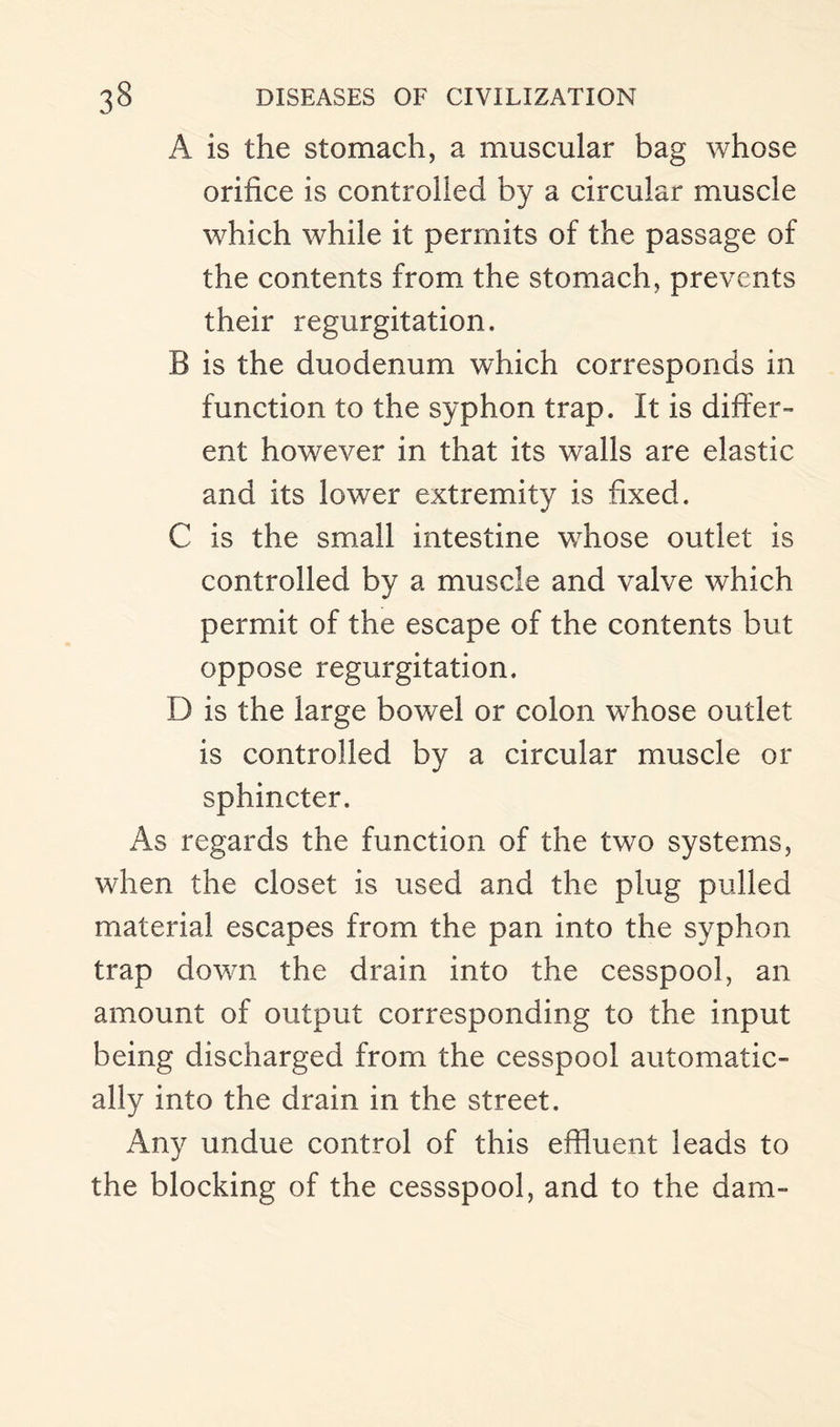 A is the stomach, a muscular bag whose orifice is controlled by a circular muscle which while it permits of the passage of the contents from the stomach, prevents their regurgitation. B is the duodenum which corresponds in function to the syphon trap. It is differ¬ ent however in that its walls are elastic and its lower extremity is fixed. C is the small intestine whose outlet is controlled by a muscle and valve which permit of the escape of the contents but oppose regurgitation. D is the large bowel or colon whose outlet is controlled by a circular muscle or sphincter. As regards the function of the two systems, when the closet is used and the plug pulled material escapes from the pan into the syphon trap down the drain into the cesspool, an amount of output corresponding to the input being discharged from the cesspool automatic¬ ally into the drain in the street. Any undue control of this effluent leads to the blocking of the cessspool, and to the dam-