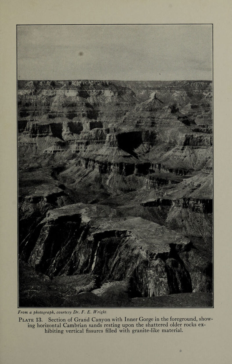 From a photograph, courtesy Dr. F. E. Wright. Plate 13. Section of Grand Canyon with Inner Gorge in the foreground, show- ing horizontal Cambrian sands resting upon the shattered older rocks ex- hibiting vertical fissures filled with granite-like material.