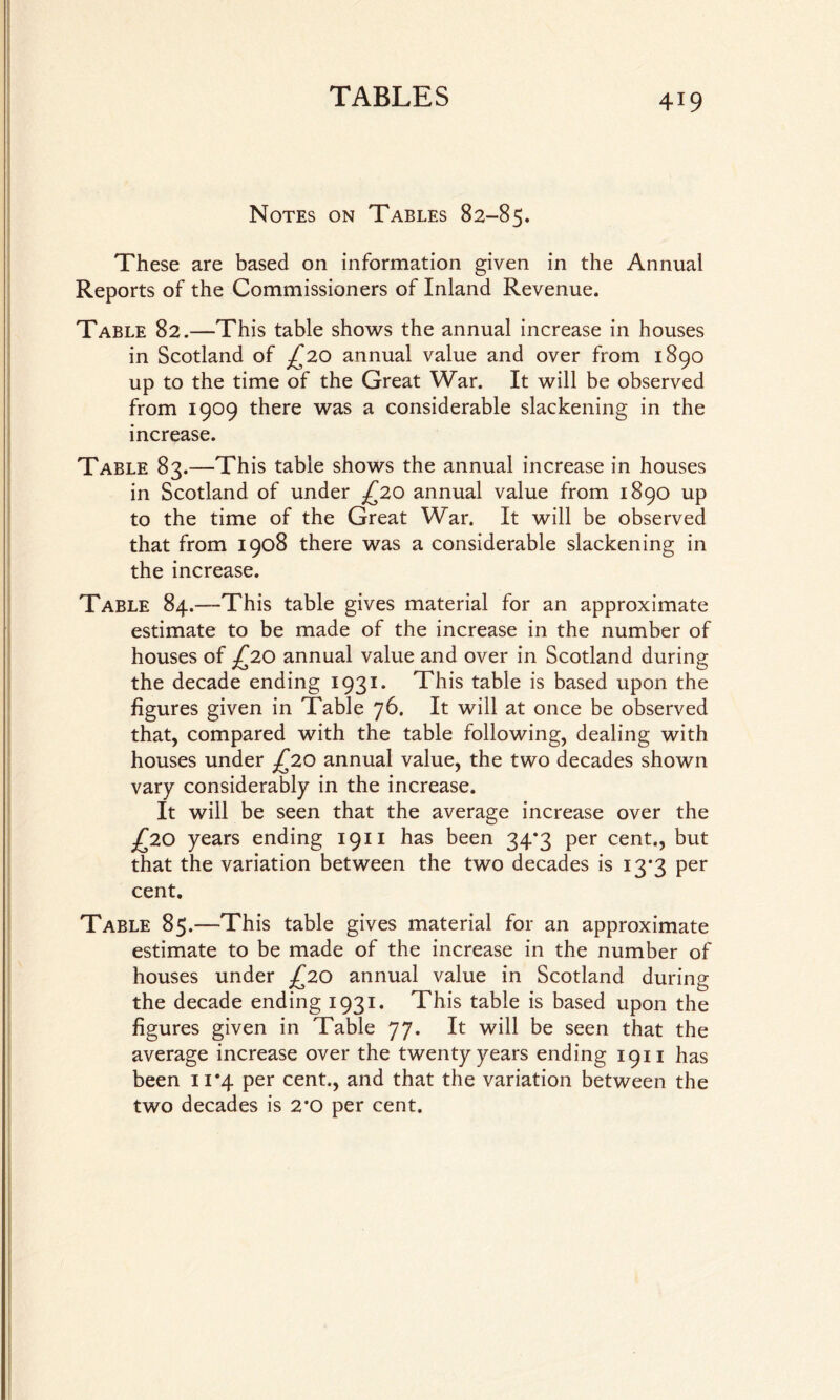 Notes on Tables 82-85. These are based on information given in the Annual Reports of the Commissioners of Inland Revenue. Table 82.—This table shows the annual increase in houses in Scotland of £20 annual value and over from 1890 up to the time of the Great War. It will be observed from 1909 there was a considerable slackening in the increase. Table 83.—This table shows the annual increase in houses in Scotland of under £20 annual value from 1890 up to the time of the Great War. It will be observed that from 1908 there was a considerable slackening in the increase. Table 84.—-This table gives material for an approximate estimate to be made of the increase in the number of houses of £20 annual value and over in Scotland during the decade ending 1931. This table is based upon the figures given in Table 76. It will at once be observed that, compared with the table following, dealing with houses under £20 annual value, the two decades shown vary considerably in the increase. It will be seen that the average increase over the £20 years ending 1911 has been 34*3 per cent., but that the variation between the two decades is 13*3 per cent. Table 85.—This table gives material for an approximate estimate to be made of the increase in the number of houses under £20 annual value in Scotland during the decade ending 1931. This table is based upon the figures given in Table 77. It will be seen that the average increase over the twenty years ending 1911 has been 11*4 per cent., and that the variation between the two decades is 2’0 per cent.