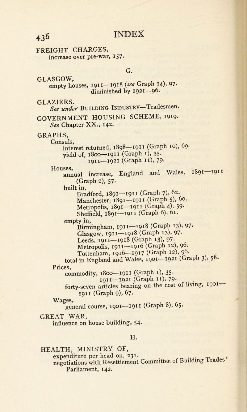 FREIGHT CHARGES, increase over pre-war, 157- G. GLASGOW, , v empty houses, 1911—1918 {see Graph 14), 97* diminished by 1921. .96. GLAZIERS. ^ J See under Building Industry Tradesmen. GOVERNMENT HOUSING SCHEME, 1919* See Chapter XX., 142. GRAPHS, Consuls, interest returned, 1898—1911 (Graph 10), 69. yield of, 1800—1911 (Graph 1), 35- 1911—1921 (Graph 11), 79- Houses annual increase, England and Wales, 1891—-1911 (Graph 2), 57. built in, . . . Bradford, 1891—1911 (Graph 7), 62. Manchester, 1891—1911 (Graph 5), 60. Metropolis, 1891—1911 (Graph 4), 59- Sheffield, 1891—1911 (Graph 6), 61. empty in, Birmingham, 1911—1918 (Graph 13), 97- Glasgow, 1911—1918 (Graph 13), 97- Leeds, 1911—1918 (Graph 13)* 97- Metropolis, 1911—1916 (Graph 12), 96. Tottenham, 1916—1917 (Graph 12), 96- total in England and Wales, 1901—1921 (Graph 3), 50- Prices commodity, 1800—1911 (Graph 1), 35- 1911—1921 (Graph 11), 79- forty-seven articles bearing on the cost of living, 1901 1911 (Graph 9), 67. Wages, general course, 1901—1911 (Graph 8), 65. GREAT WAR, influence on house building, 54- H. HEALTH, MINISTRY OF, expenditure per head on, 231. , , , negotiations with Resettlement Committee of Building ra es Parliament, 142.
