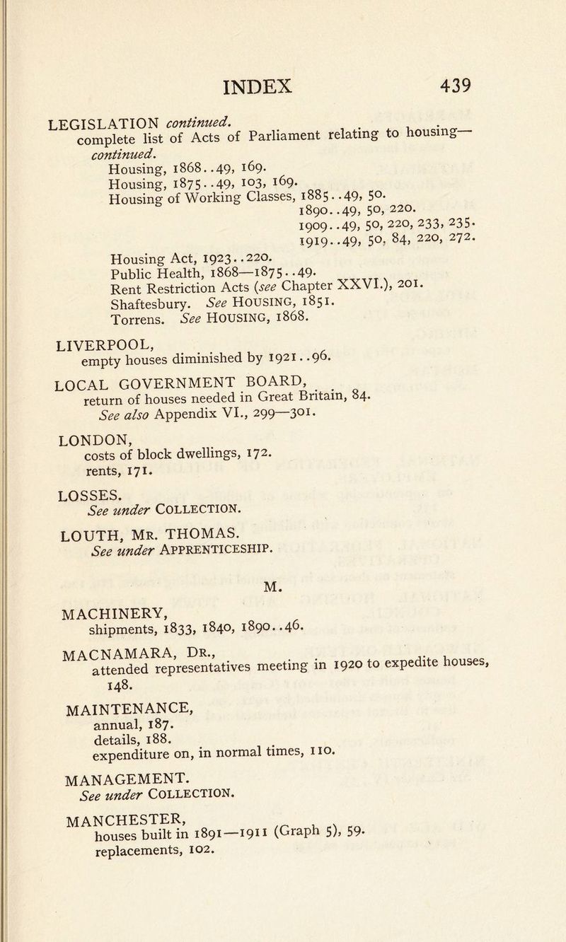 LEGISLATION continued. complete list of Acts of Parliament continued. relating to housing— Housing, 1868..49, i69- Housing, 1875..49, i°3, 169. Housing of Working Classes, 1885. *49, 5°- 1890. .49, 5°, 22°* 1909. .49, 5°, 220> 233, 235- 1919..49, 50, 84, 220, 272. Housing Act, I923- -22°- Public Health, 1868—1875. -49- Rent Restriction Acts (see Chapter XXVI.), 2oi. Shaftesbury. See Housing, 1851. Torrens. See HOUSING, 1868. LIVERPOOL, empty houses diminished by 1921. .96. LOCAL GOVERNMENT BOARD, return of houses needed in Great Britain, 84. See also Appendix VI., 299—301. LONDON, costs of block dwellings, 172- rents, 171. LOSSES. See under Collection. LOUTH, Mr. THOMAS. See under Apprenticeship. M. MACHINERY, shipments, 1833, 1840, 1890..46. MACNAMARA, Dr., attended representatives meeting in 148. 1920 to expedite houses, MAINTENANCE, annual, 187. details, 188. expenditure on, in normal times, 110. MANAGEMENT. See under COLLECTION. MANCHESTER, houses built in 1891—1911 (Graph 5), 59 replacements, 102.