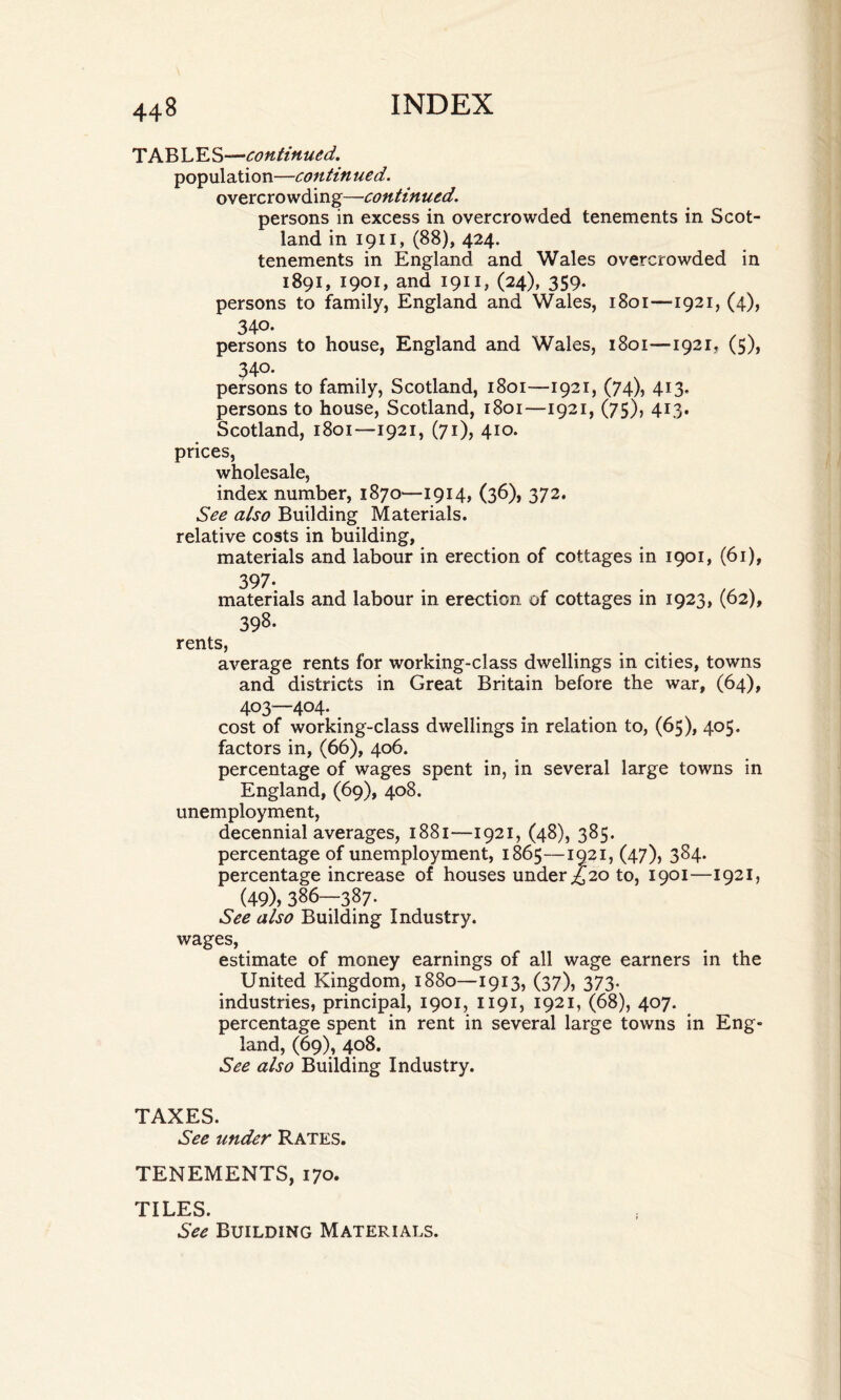 TAB L E S—continued. population—continued. overcrowding—continued. persons in excess in overcrowded tenements in Scot¬ land in 1911, (88), 424. tenements in England and Wales overcrowded in 1891, 1901, and 1911, (24), 359. persons to family, England and Wales, 1801—1921, (4), 340- persons to house, England and Wales, 1801—1921, (5), 340. persons to family, Scotland, 1801—1921, (74), 413. persons to house, Scotland, 1801—1921, (75), 413. Scotland, 1801—1921, (71), 410. prices, wholesale, index number, 1870—1914, (36), 372. See also Building Materials, relative costs in building, materials and labour in erection of cottages in 1901, (61), 397- . . materials and labour in erection of cottages in 1923, (62), 398. rents, average rents for working-class dwellings in cities, towns and districts in Great Britain before the war, (64), 403—404. cost of working-class dwellings in relation to, (65), 405. factors in, (66), 406. percentage of wages spent in, in several large towns in England, (69), 408. unemployment, decennial averages, 1881—1921, (48), 385. percentage of unemployment, 1865—1921, (47), 384. percentage increase of houses under ^20 to, 1901—1921, (49), 386—387. See also Building Industry, wages, estimate of money earnings of all wage earners in the United Kingdom, 1880—1913, (37), 373. industries, principal, 1901, 1191, 1921, (68), 407. percentage spent in rent in several large towns in Eng« land, (69), 408. See also Building Industry. TAXES. See under Rates. TENEMENTS, 170. TILES. See Building Materials.