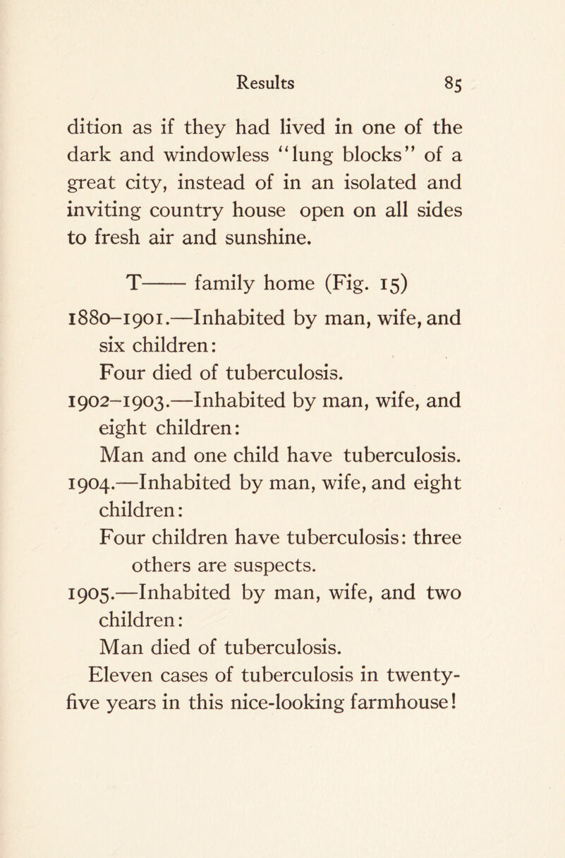 dition as if they had lived in one of the dark and windowless ‘dung blocks” of a great city, instead of in an isolated and inviting country house open on all sides to fresh air and sunshine. T family home (Fig. 15) 1880-1901.—Inhabited by man, wife, and six children: Four died of tuberculosis. 1902-1903.—Inhabited by man, wife, and eight children: Man and one child have tuberculosis. 1904. —Inhabited by man, wife, and eight children : Four children have tuberculosis: three others are suspects. 1905. —Inhabited by man, wife, and two children: Man died of tuberculosis. Eleven cases of tuberculosis in twenty- five years in this nice-looking farmhouse!