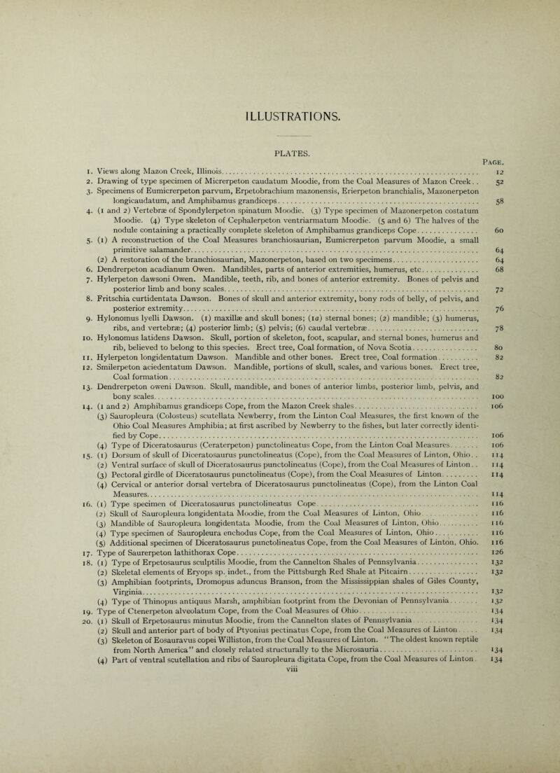 ILLUSTRATIONS. PLATES. Page. 1. Views along Mazon Creek, Illinois 12 2. Drawing of type specimen of Micrerpeton caudatum Moodie, from the Coal Measures of Mazon Creek. . 52 3. Specimens of Eumicrerpeton parvum, Erpetobrachium mazonensis, Erierpeton branchialis, Mazonerpeton longicaudatum, and Amphibamus grandiceps 58 4. (i and 2) Vertebrae of Spondylerpeton spinatum Moodie. (3) Type specimen of Mazonerpeton costatum Moodie. (4) Type skeleton of Cephalerpeton ventriarmatum Moodie. (5 and 6) The halves of the nodule containing a practically complete skeleton of Amphibamus grandiceps Cope 60 5. (i) A reconstruction of the Coal Measures branchiosaurian, Eumicrerpeton parvum Moodie, a small primitive salamander 64 (2) A restoration of the branchiosaurian, Mazonerpeton, based on two specimens 64 6. Dendrerpeton acadianum Owen. Mandibles, parts of anterior extremities, humerus, etc 68 7. Hylerpeton dawsoni Owen. Mandible, teeth, rib, and bones of anterior extremity. Bones of pelvis and posterior limb and bony scales 72 8. Fritschia curtidentata Dawson. Bones of skull and anterior extremity, bony rods of belly, of pelvis, and posterior extremity 76 9. Hylonomus lyelli Dawson, (i) maxillae and skull bones; (la) sternal bones; (2) mandible; (3) humerus, ribs, and vertebrae; (4) posterior limb; (5) pelvis; (6) caudal vertebrae 78 10. Hylonomus latidens Dawson. Skull, portion of skeleton, foot, scapular, and sternal bones, humerus and rib, believed to belong to this species. Erect tree. Coal formation, of Nova Scotia 80 11. Hylerpeton longidentatum Dawson. Mandible and other bones. Erect tree. Coal formation 82 12. Smilerpeton aciedentatum Dawson. Mandible, portions of skull, scales, and various bones. Erect tree. Coal formation 82 13. Dendrerpeton oweni Dawson. Skull, mandible, and bones of anterior limbs, posterior limb, pelvis, and bony scales 100 14. (i and 2) Amphibamus grandiceps Cope, from the Mazon Creek shales 106 (3) Sauropleura (Colosteus) scutellata Newberry, from the Linton Coal Measures, the first known of the Ohio Coal Measures Amphibia; at first ascribed by Newberry to the fishes, but later correctly identi- fied by Cope 106 (4) Type of Diceratosaurus (Ceraterpeton) punctolineatus Cope, from the Linton Coal Measures 106 15. (i) Dorsum of skull of Diceratosaurus punctolineatus (Cope), from the Coal Measures of Linton, Ohio. . 114 (2) Ventral surface of skull of Diceratosaurus punctolineatus (Cope), from the Coal Measures of Linton. . 114 (3) Pectoral girdle of Diceratosaurus punctolineatus (Cope), from the Coal Measures of Linton 114 (4) Cervical or anterior dorsal vertebra of Diceratosaurus punctolineatus (Cope), from the Linton Coal Measures 114 16. (i) Type specimen of Diceratosaurus punctolineatus Cope 116 (2) Skull of Sauropleura longidentata Moodie, from the Coal Measures of Linton, Ohio 116 (3) Mandible of Sauropleura longidentata Moodie, from the Coal Measures of Linton, Ohio 116 (4) Type specimen of Sauropleura enchodus Cope, from the Coal Measures of Linton, Ohio 116 (5) Additional specimen of Diceratosaurus punctolineatus Cope, from the Coal Measures of Linton, Ohio. 116 17. Type of Saurerpeton lathithorax Cope 126 18. (i) Type of Erpetosaurus sculptilis Moodie, from the Cannelton Shales of Pennsylvania 132 (2) Skeletal elements of Eryops sp. indet., from the Pittsburgh Red Shale at Pitcairn 132 (3) Amphibian footprints, Dromopus aduncus Branson, from the Mississippian shales of Giles County, Virginia 132 (4) Type of Thinopus antiquus Marsh, amphibian footprint from the Devonian of Pennsylvania 132 19. Type of Ctenerpeton alveolatum Cope, from the Coal Measures of Ohio 134 20. (i) Skull of Erpetosaurus minutus Moodie, from the Cannelton slates of Pennsylvania 134 (2) Skull and anterior part of body of Ptyonius pectinatus Cope, from the Coal Measures of Linton 134 (3) Skeleton of Eosauravus copei Williston, from the Coal Measures of Linton. “The oldest known reptile from North America” and closely related structurally to the Microsauria 134 (4) Part of ventral scutellation and ribs of Sauropleura digitata Cope, from the Coal Measures of Linton. 134