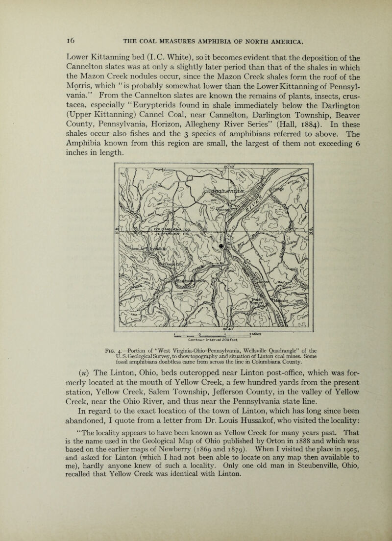 Lower Kittanning bed (1. C. White), so it becomes evident that the deposition of the Cannelton slates was at only a slightly later period than that of the shales in which the Mazon Creek nodules occur, since the Mazon Creek shales form the roof of the Morris, which “is probably somewhat lower than the Lower Kittanning of Pennsyl- vania.” From the Cannelton slates are known the remains of plants, insects, Crus- tacea, especially “Eurypterids found in shale immediately below the Darlington (Upper Kittanning) Cannel Coal, near Cannelton, Darlington Township, Beaver County, Pennsylvania, Horizon, Allegheny River Series” (Hall, 1884). In these shales occur also fishes and the 3 species of amphibians referred to above. The Amphibia known from this region are small, the largest of them not exceeding 6 inches in length. Fig. 4.—-Portion of “West Virginia-Ohio-Pennsylvania, Wellsville Quadrangle” of the U. S. Geological Survey, to show topography and situation of Linton coal mines. Some fossil amphibians doubtless came from across the line in Columbiana County. {n) The Linton, Ohio, beds outcropped near Linton post-office, which was for- merly located at the mouth of Yellow Creek, a few hundred yards from the present station. Yellow Creek, Salem Township, Jefferson County, in the valley of Yellow Creek, near the Ohio River, and thus near the Pennsylvania state line. In regard to the exact location of the town of Linton, which has long since been abandoned, I quote from a letter from Dr. Louis Hussakof, who visited the locality: “The locality appears to have been known as Yellow Creek for many years past. That is the name used in the Geological Map of Ohio published by Orton in 1888 and which was based on the earlier maps of Newberry (1869 and 1879). When I visited the place in 1905, and asked for Linton (which I had not been able to locate on any map then available to me), hardly anyone knew of such a locality. Only one old man in Steubenville, Ohio, recalled that Yellow Creek was identical with Linton.