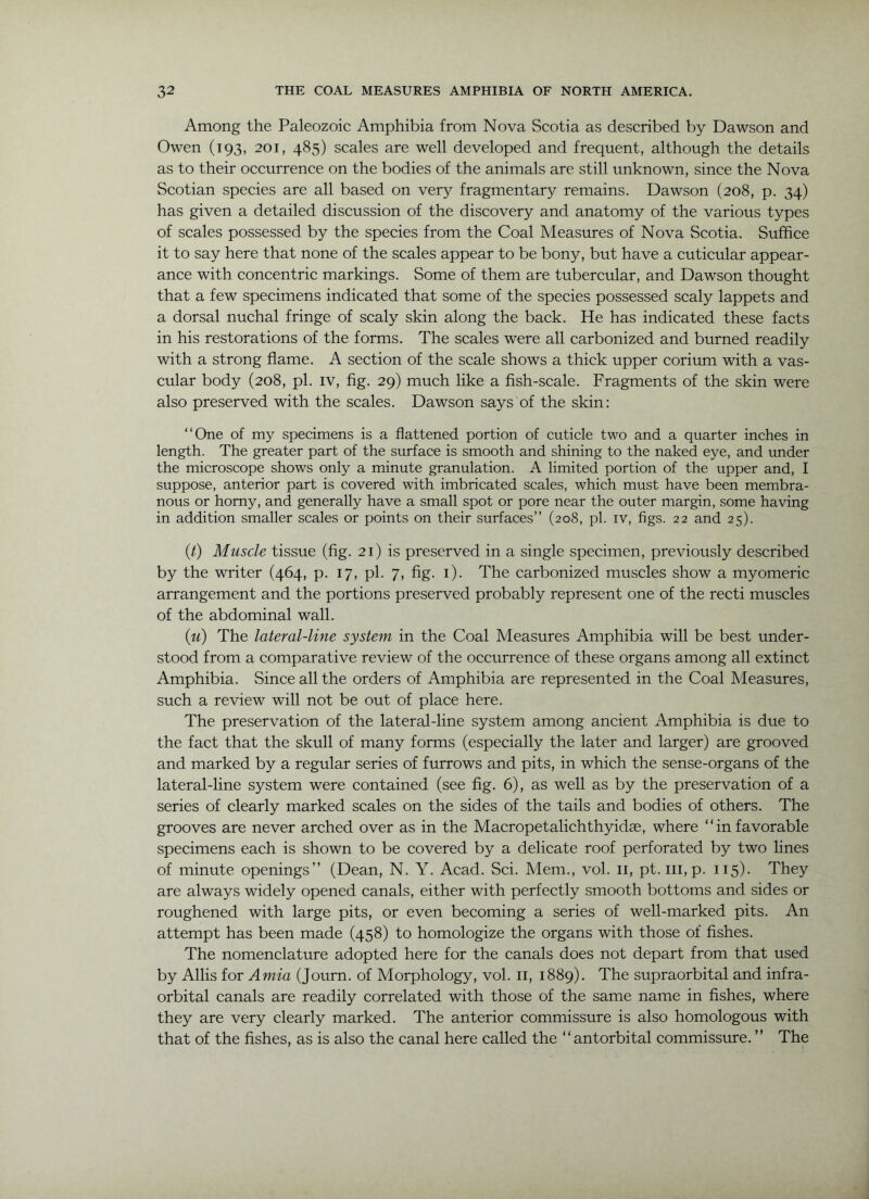 Among the Paleozoic Amphibia from Nova Scotia as described by Dawson and Owen (193, 201, 485) scales are well developed and frequent, although the details as to their occurrence on the bodies of the animals are still unknown, since the Nova Scotian species are all based on very fragmentary remains. Dawson (208, p. 34) has given a detailed discussion of the discovery and anatomy of the various types of scales possessed by the species from the Coal Measures of Nova Scotia. Suffice it to say here that none of the scales appear to be bony, but have a cuticular appear- ance with concentric markings. Some of them are tubercular, and Dawson thought that a few specimens indicated that some of the species possessed scaly lappets and a dorsal nuchal fringe of scaly skin along the back. He has indicated these facts in his restorations of the forms. The scales were all carbonized and burned readily with a strong flame. A section of the scale shows a thick upper corium with a vas- cular body (208, pi. IV, fig. 29) much like a fish-scale. Fragments of the skin were also preserved with the scales. Dawson says of the skin: “One of my specimens is a flattened portion of cuticle two and a quarter inches in length. The greater part of the surface is smooth and shining to the naked eye, and imder the microscope shows only a minute granulation. A limited portion of the upper and, I suppose, anterior part is covered with imbricated scales, which must have been membra- nous or homy, and generally have a small spot or pore near the outer margin, some having in addition smaller scales or points on their surfaces” (208, pi. iv, figs. 22 and 25). (/) Muscle tissue (fig. 21) is preserved in a single specimen, previously described by the writer (464, p. 17, pi. 7, fig. i). The carbonized muscles show a myomeric arrangement and the portions preserved probably represent one of the recti muscles of the abdominal wall. (w) The lateral-line system in the Coal Measures Amphibia will be best under- stood from a comparative review of the occurrence of these organs among all extinct Amphibia. Since all the orders of Amphibia are represented in the Coal Measures, such a review will not be out of place here. The preservation of the lateral-line system among ancient Amphibia is due to the fact that the skull of many forms (especially the later and larger) are grooved and marked by a regular series of furrows and pits, in which the sense-organs of the lateral-line system were contained (see fig. 6), as well as by the preservation of a series of clearly marked scales on the sides of the tails and bodies of others. The grooves are never arched over as in the Macropetalichthyid®, where “infavorable specimens each is shown to be covered by a delicate roof perforated by two lines of minute openings” (Dean, N. Y. Acad. Sci. Mem., vol. ii, pt. iii,p. 115). They are always widely opened canals, either with perfectly smooth bottoms and sides or roughened with large pits, or even becoming a series of well-marked pits. An attempt has been made (458) to homologize the organs with those of Ashes. The nomenclature adopted here for the canals does not depart from that used by Allis for Amia (Journ. of Morphology, vol. ii, 1889). The supraorbital and infra- orbital canals are readily correlated with those of the same name in Ashes, where they are very clearly marked. The anterior commissure is also homologous with that of the Ashes, as is also the canal here called the “ antorbital commissure. ” The