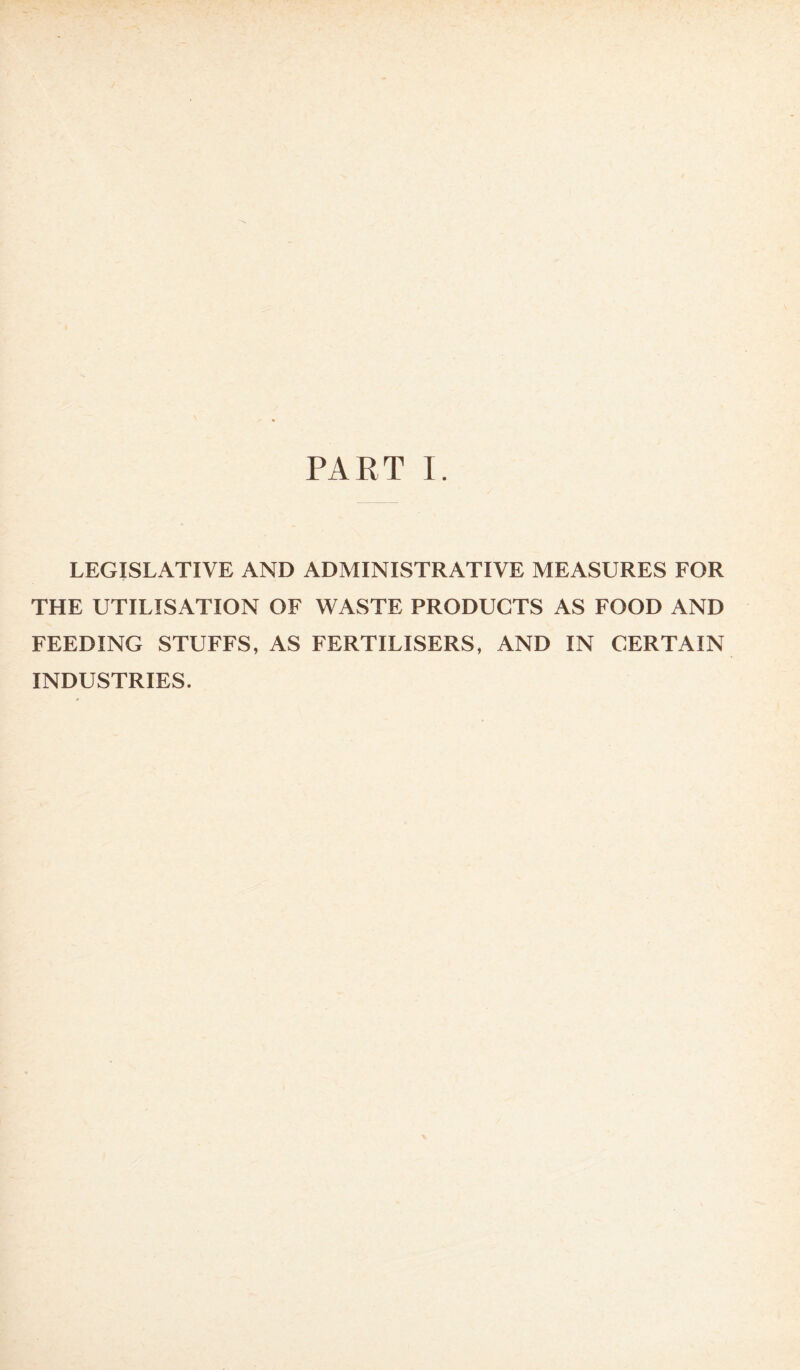 PART T LEGISLATIVE AND ADMINISTRATIVE MEASURES FOR THE UTILISATION OF WASTE PRODUCTS AS FOOD AND FEEDING STUFFS, AS FERTILISERS, AND IN CERTAIN INDUSTRIES.