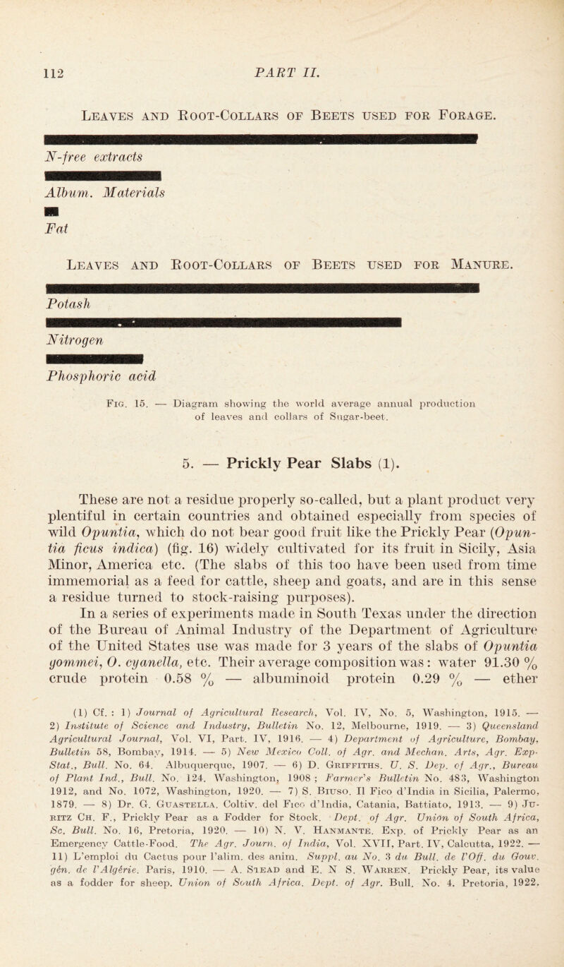 Leaves and Boot-Collars of Beets used for Forage. Fat Leaves and Boot-Collars of Beets used for Manure. Potash Nitrogen Phosphoric acid Fig. 15. — Diagram showing the world average annual production of leaves and collars of Sugar-beet. 5. — Prickly Pear Slabs (1). These are not a residue properly so-called, but a plant product very plentiful in certain countries and obtained especially from species of wild Opuntia, which do not bear good fruit like the Prickly Pear (Opun- tia ficus indica) (fig. 16) widely cultivated for its fruit in Sicily, Asia Minor, America etc. (The slabs of this too have been used from time immemorial as a feed for cattle, sheep and goats, and are in this sense a residue turned to stock-raising purposes). In a series of experiments made in South Texas under the direction of the Bureau of Animal Industry of the Department of Agriculture of the United States use was made for 3 years of the slabs of Opuntia gommei, 0. cyanella, etc. Their average composition was : water 91.30% crude protein 0.58 % — albuminoid protein 0.29 % — ether (1) Cf. : 1) Journal of Agricultural Research, Vol. IV, No. 5, Washington, 1915. — 2) Institute of Science and Industry, Bulletin No. 12, Melbourne, 1919. — 3) Queensland Agricultural Journal, Vol. VI, Part. IV, 1916. — 4) Department of Agriculture, Bombay, Bulletin 58, Bombay, 1914. —- 5) New Mexico Coll, of Agr. and Meehan. Arts, Agr. Exp- Stat., Bull. No. 64. Albuquerque, 1907. — 6) D. Griffiths. U. S. Dep. of Agr., Bureau of Plant Ind., Bull. No. 124. Washington, 1908 ; Farmer's Bulletin No. 483, Washington 1912, and No. 1072, Washington, 1920. — 7) S. Biuso. 11 Fico d’lndia in Sicilia, Palermo, 1879. — 8) Dr. G. Guasteixa. Coltiv. del Fico d’lndia, Catania, Battiato, 1913. — 9) Ju- ritz Ch. F., Prickly Pear as a Fodder for Stock. Dept, of Agr. Union of South Africa, Sc. Bull. No. 16, Pretoria, 1920. — 10) N. V. Hanmante. Exp. of Prickly Pear as an Emergency Cattle-Food. The Agr. Journ. of India, Vol. XVII, Part. IV, Calcutta, 1922. — 11) L’emploi du Cactus pour 1’alim. des anim. Suppl. au No. 3 da Bull, de VOff. du Oouv. gen. de VAlg&rie. Paris, 1910. — A. Stead and E. N S. Warren. Prickly Pear, its value as a fodder for sheep. Union of South Africa. Dept, of Agr. Bull. No. 4. Pretoria, 1922.
