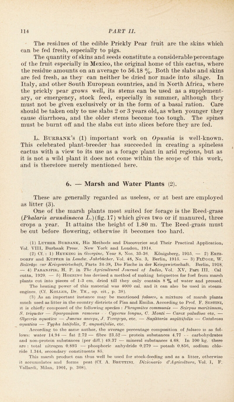 The residues of the edible Prickly Pear fruit are the skins which can be fed fresh, especially to pigs. The quantity of skins and seeds constitute a considerable percentage of the fruit especially in Mexico, the original home of this cactus, where the residue amounts on an average to 56.18 %. Both the slabs and skins are fed fresh, as they can neither be dried nor made into silage. In Italy, and other South European countries, and in North Africa, where the prickly pear grows well, its stems can be used as a supplement¬ ary, or emergency, stock feed, especially in summer, although they must not be given exclusively or in the form of a basal ration. Care should be taken only to use slabs 2 or 3 years old, as when younger they cause diarrhoea, and the older stems become too tough. The spines must be burnt off and the slabs cut into slices before they are fed. L. Burbank’s (1) important work on Opuntia is well-known. This celebrated plant-breeder has succeeded in creating a spineless cactus with a view to its use as a forage plant in arid regions, but as it is not a wild plant it does not come within the scope of this work, and is therefore merely mentioned here. 6. — Marsh and Water Plants (2). These are generally regarded as useless, or at best are employed as litter (3). One of the marsh plants most suited for forage is the Reed-grass (PJialaris arundinacea L.) (fig. 17) which gives two or if manured, three crops a year. It attains the height of 1.80 m. The Reed-grass must be cut before flowering, otherwise it becomes too hard. (1) Luther Burbank, His Methods and Discoveries and Their Practical Application, Vol. VIII, Burbank Press. New York and London, 1914. (2) Cf. : 1) Heyking in Georgine, Year 8, Nos. 35-36. Konigsberg, 1915. — 2) Ertz- dorff and Iyupfer in Landw. Jahrbucher, Vol. 48, No. 3, Berlin, 1915. — 3) Flugge, W. Beitrdge zur Kriegswirtschaft, Parts 34-38, Die Fische in der Kriegswirtschaft. Berlin, 1918. — 4) Paranjpie, H. P. in The Agricultural Journal of India, Vol. XV, Part III. Cal cutta, 1920. — 5) Hoering has devised a method of making briquettes for fuel from marsh plants cut into pieces of 1-3 cm. dried till they only contain 8 % of water and pressed. The heating power of this material was 4000 cal. and it can also be used in steam- engines. (Cf. Koleer, Dr. Th., op. cit., p. 38). (3) As an important instance may be mentioned falasco, a mixture of marsh plants much used as litter in the country districts of Pisa and Emilia. According to Prof. F. Sestini, it is chiefly composed of the following species : Phragmites communis — Scirpus maritimum, S. triqueter — Sparganium ramosus - - Cyperus longus, G. Monti — Care:c paludosa etc. — Glyceria aquatica — Juncus anceps, J. Tevageya, etc. — Sagittaria sagittifolia — Catabrosa aquatica — Typha latifolia, T. angustifolia, etc. According to the same author, the average percentage composition of falasco is as fol¬ lows: water 14.94— fat 2.72— fibre 23.52 — protein substances 4.77 carbohydrates and non-protein substances (per diff.) 49.37 — mineral substances 4.68. In 100 kg. there are : total nitrogen 0.893 — phosphoric anhydride 0.279 — potash 0.856, sodium chlo¬ ride 1.344, secondary constituents 85. This marsh product can thus well be used for stock-feeding and as a litter, otherwise it accumulates and forms peat (Cf. A. Bruttini. Dizicnario d'Agricoltura, Vol. I, F. Vallardi, Milan, 1901, p. 308).