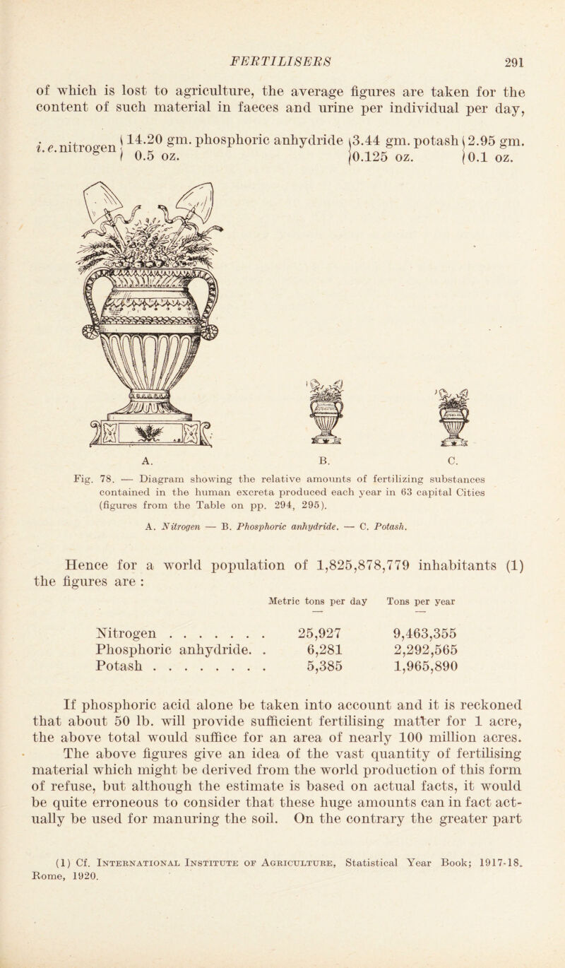 of which is lost to agriculture, the average figures are taken for the content of such material in faeces and urine per individual per day, i.e. nitrogen j 14.20 gm. phosphoric anhydride 0.5 oz. i3.44 gm. potash (2.95 gm. jO.125 oz. (0.1 oz. Fig. 78. — Diagram showing the relative amounts of fertilizing substances contained in the human excreta produced each year in 63 capital Cities (figures from the Table on pp. 294, 295). A. Nitrogen — B. Phosphoric anhydride. — C. Potash. Hence for a world population of 1,825,878,779 inhabitants (1) the figures are : Metric tons per day Tons per year Nitrogen. 25,927 9,463,355 Phosphoric anhydride. . 6,281 2,292,565 Potash. 5,385 1,965,890 If phosphoric acid alone be taken into account and it is reckoned that about 50 lb. will provide sufficient fertilising matter for 1 acre, the above total would suffice for an area of nearly 100 million acres. The above figures give an idea of the vast quantity of fertilising material which might be derived from the world production of this form of refuse, but although the estimate is based on actual facts, it would be quite erroneous to consider that these huge amounts can in fact act¬ ually be used for manuring the soil. On the contrary the greater part (1) Cf. International Institute oe Agriculture, Statistical Year Book; 1917-18, Rome, 1920.