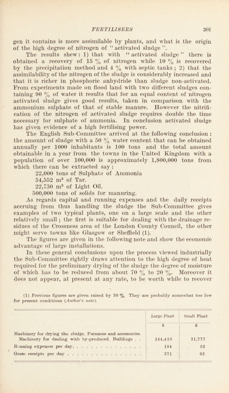gen it contains is more assimilable by plants, and what is the origin of the high degree of nitrogen of 4 4 activated sludge The results shew: 1) that with “ activated sludge” there is obtained a recovery of 15 % of nitrogen while 10 % is recovered by the precipitation method and 4 % with septic tanks ; 2) that the assimilability of the nitrogen of the sludge is considerably increased and that it is richer in phosphoric anhydride than sludge non-activated. From experiments made on flood land with two different sludges con¬ taining 90 % of water it results that for an equal content of nitrogen activated sludge gives good results, taken in comparison with the ammonium sulphate of that of stable manure. However the nitrifi¬ cation of the nitrogen of activated sludge requires double the time necessary for sulphate of ammonia. In conclusion activated sludge has given evidence of a high fertilising power. The English Sub-Committee arrived at the following conclusion : the amount of sludge with a 50 % water content that can be obtained annually per 1000 inhabitants is 100 tons and the total amount obtainable in a year from the towns in the United Kingdom with a population of over 100,000 is approximately 1,800,000 tons from which there can be extracted say : 22,000 tons of Sulphate of Ammonia 54,552 m3 of Tar. 22,730 m3 of Light Oil. 500,000 tons of solids for manuring. As regards capital and running expenses and the daily receipts accruing from thus handling the sludge the Sub-Committee gives examples of two typical plants, one on a large scale and the other relatively small; the first is suitable for dealing with the drainage re¬ sidues of the Crossness area of the London County Council, the other might serve towns like Glasgow or Sheffield (1). The figures are given in the following note and show the economic advantage of large installations. In these general conclusions upon the process viewed industrially the Sub-Committee rightly draws attention to the high degree of heat required for the preliminary drying of the sludge the degree of moisture of which has to be reduced from about 70 % to 20 %. Moreover it does not appear, at present at any rate, to be worth while to recover (1) Previous figures are given raised by 30 %. They are probably somewhat too low for present conditions (Author's note). Large Plant Small Plant £ £ Machinery for drying the sludge. Furnaces and accessories. Machinery for dealing with by-produced. Buildings . . Banning expenses per day. Gross receipts per day. 144,410 184 371 31,777 52 62