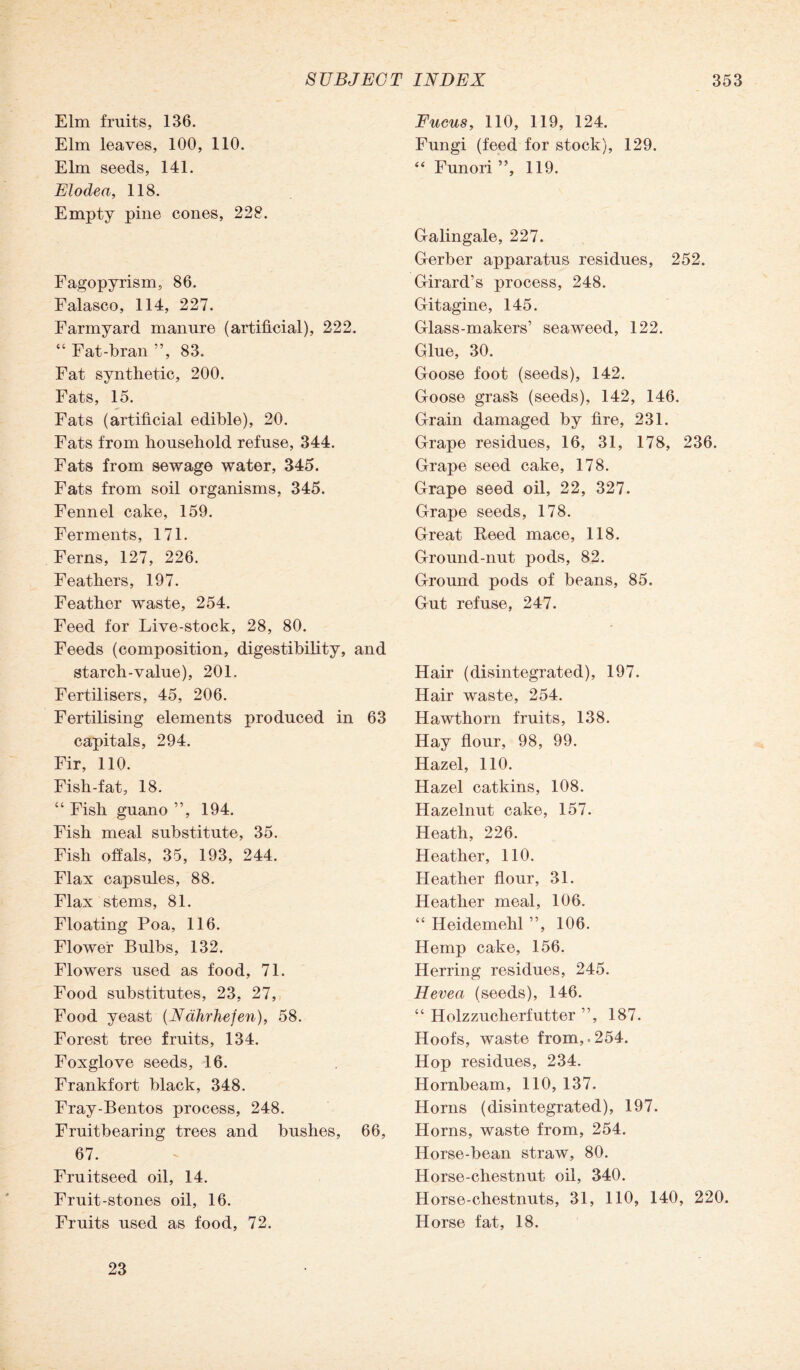 Elm fruits, 136. Elm leaves, 100, 110. Elm seeds, 141. Elodea, 118. Empty pine cones, 228. Fagopyrism, 86. Falasco, 114, 227. Farmyard manure (artificial), 222. “ Fat-bran ”, 83. Fat synthetic, 200. Fats, 15. Fats (artificial edible), 20. Fats from household refuse, 344. Fats from sewage water, 345. Fats from soil organisms, 345. Fennel cake, 159. Ferments, 171. Ferns, 127, 226. Feathers, 197. Feather waste, 254. Feed for Live-stock, 28, 80. Feeds (composition, digestibility, and starch-value), 201. Fertilisers, 45, 206. Fertilising elements produced in 63 capitals, 294. Fir, 110. Fish-fat, 18. “ Fish guano ”, 194. Fish meal substitute, 35. Fish offals, 35, 193, 244. Flax capsules, 88. Flax stems, 81. Floating Poa, 116. Flower Bulbs, 132. Flowers used as food, 71. Food substitutes, 23, 27, Food yeast (Nahrhefen), 58. Forest tree fruits, 134. Foxglove seeds, 16. Frankfort black, 348. Fray-Bentos process, 248. Fruitbearing trees and bushes, 66, 67. Fruitseed oil, 14. Fruit-stones oil, 16. Fruits used as food, 72. Fucus, 110, 119, 124. Fungi (feed for stock), 129. “ Funori ”, 119. Galingale, 227. Gerber apparatus residues, 252. Girard’s process, 248. Gitagine, 145. Glass-makers’ seaweed, 122. Glue, 30. Goose foot (seeds), 142. Goose grasfe (seeds), 142, 146. Grain damaged by fire, 231. Grape residues, 16, 31, 178, 236. Grape seed cake, 178. Grape seed oil, 22, 327. Grape seeds, 178. Great Reed mace, 118. Ground-nut pods, 82. Ground pods of beans, 85. Gut refuse, 247. Hair (disintegrated), 197. Hair waste, 254. Hawthorn fruits, 138. Hay flour, 98, 99. Hazel, 110. Hazel catkins, 108. Hazelnut cake, 157. Heath, 226. Heather, 110. Heather flour, 31. Heather meal, 106. “ Ileidemehl ”, 106. Hemp cake, 156. Herring residues, 245. Hevea (seeds), 146. “ Holzzucherfutter ”, 187. Hoofs, waste from,.254. Hop residues, 234. Hornbeam, 110, 137. Horns (disintegrated), 197. Horns, waste from, 254. Horse-bean straw, 80. Horse-chestnut oil, 340. Horse-chestnuts, 31, 110, 140, 220. Horse fat, 18. 23